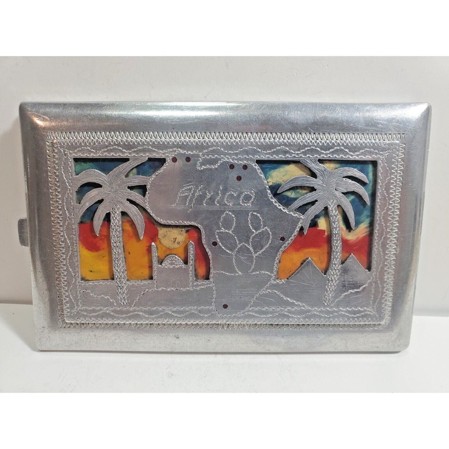 Vintage Silver Tone Ornate Africa POW WWII Cigarette Case, Pin up Girl, 5916/21