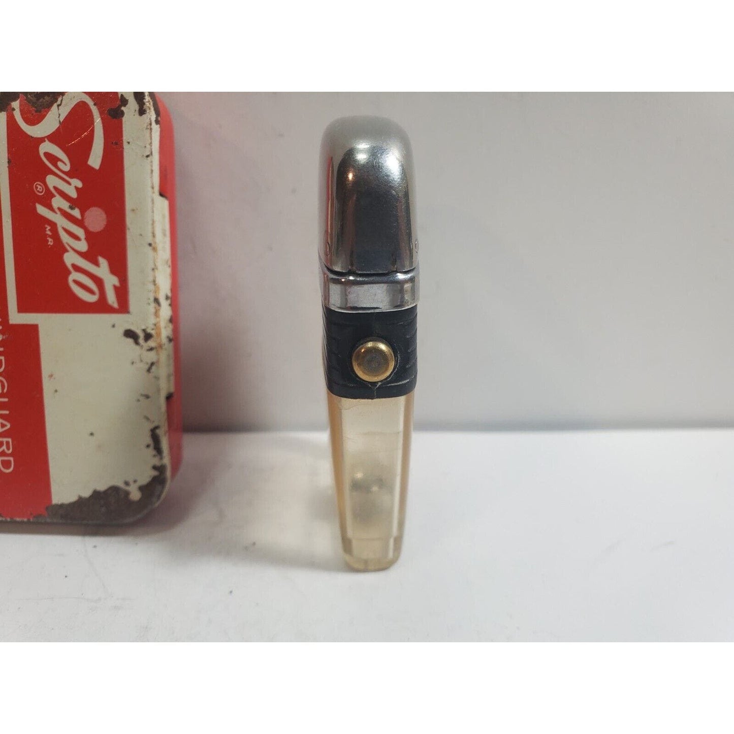 Vintage Working Scripto VU Lighter, Clear No Insert, Black, Orig Box 6055/24