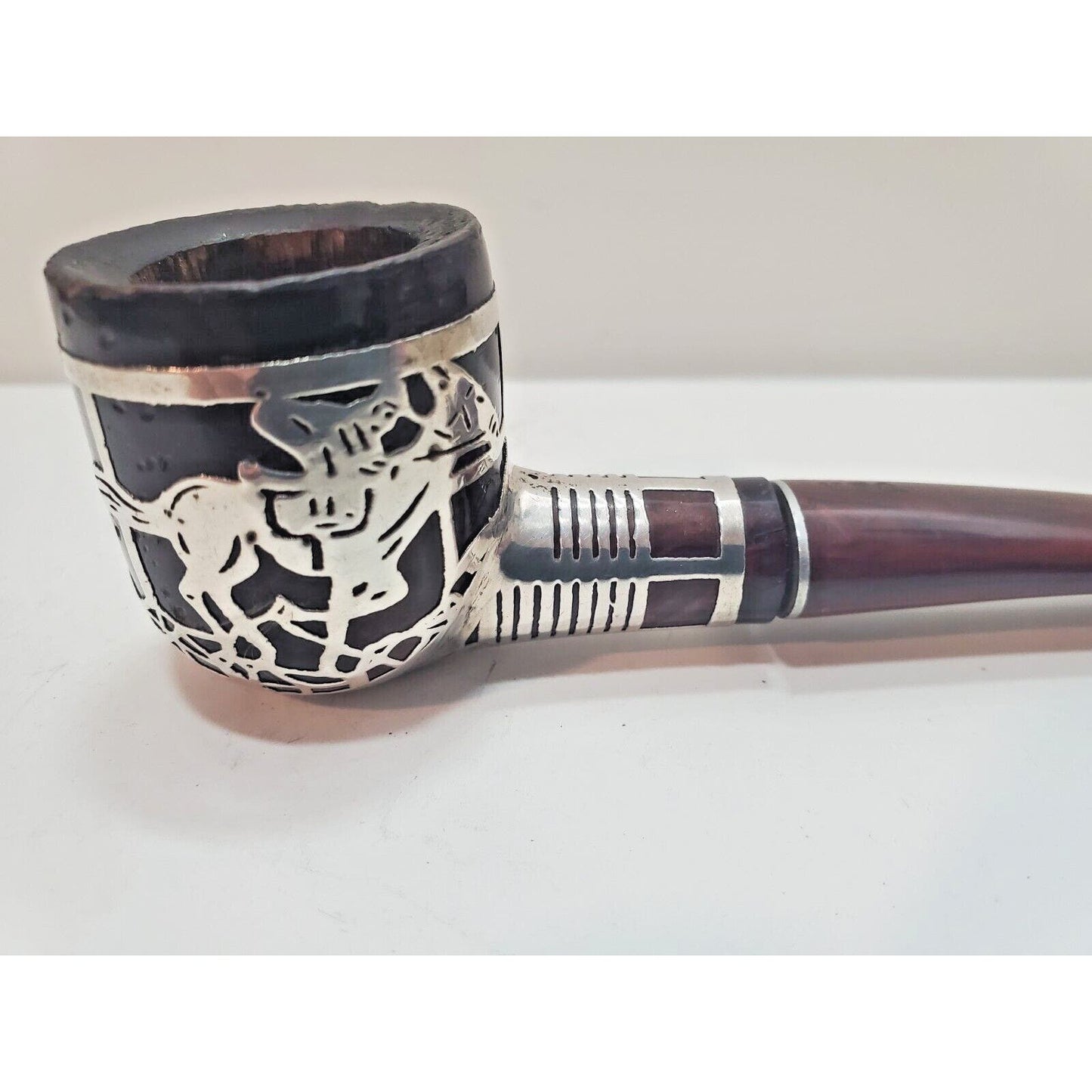 Vtg Sterling Silver 925 Overlay Tobacco Pipe Silversmith Made Jockey On Horse