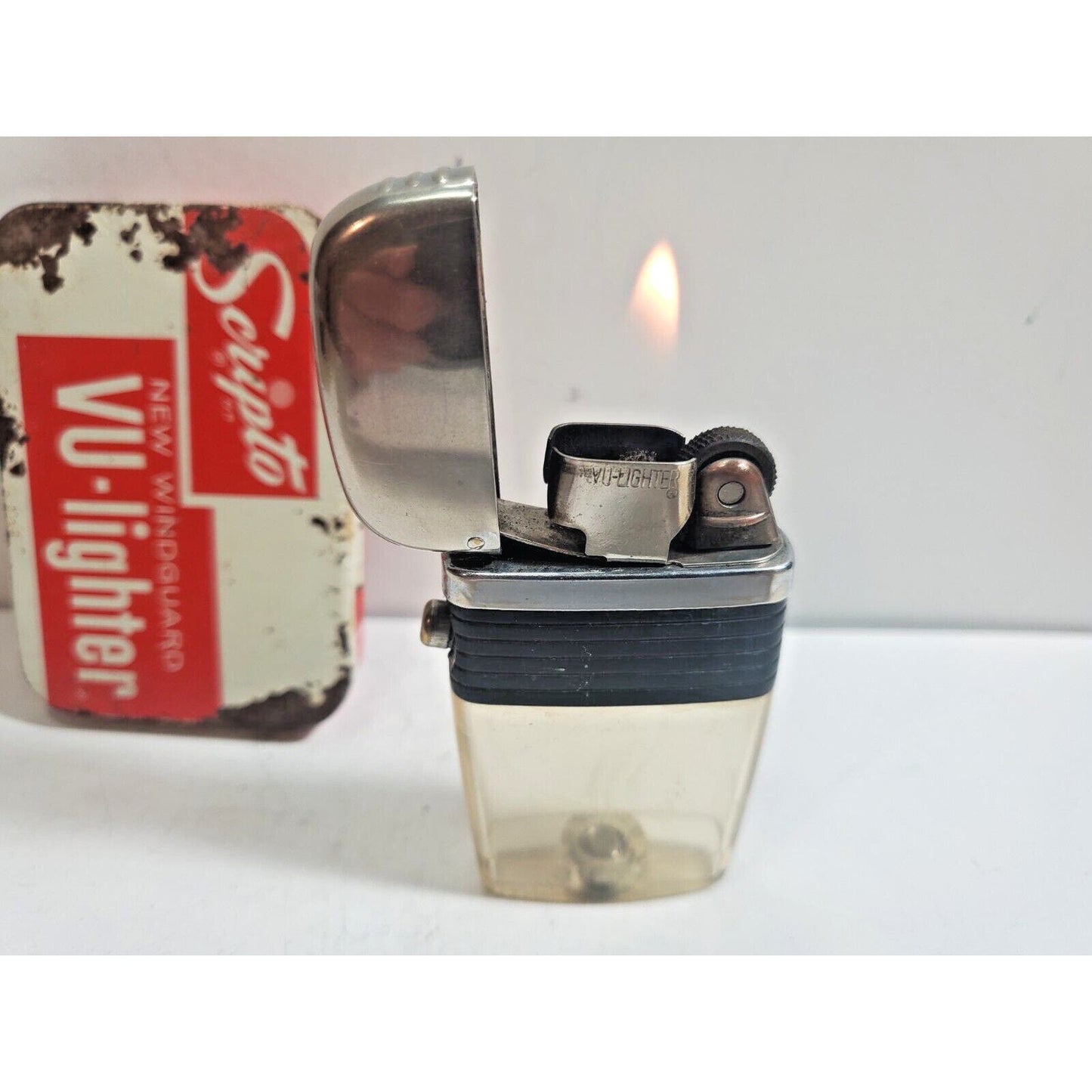 Vintage Working Scripto VU Lighter, Clear No Insert, Black, Orig Box 6055/24