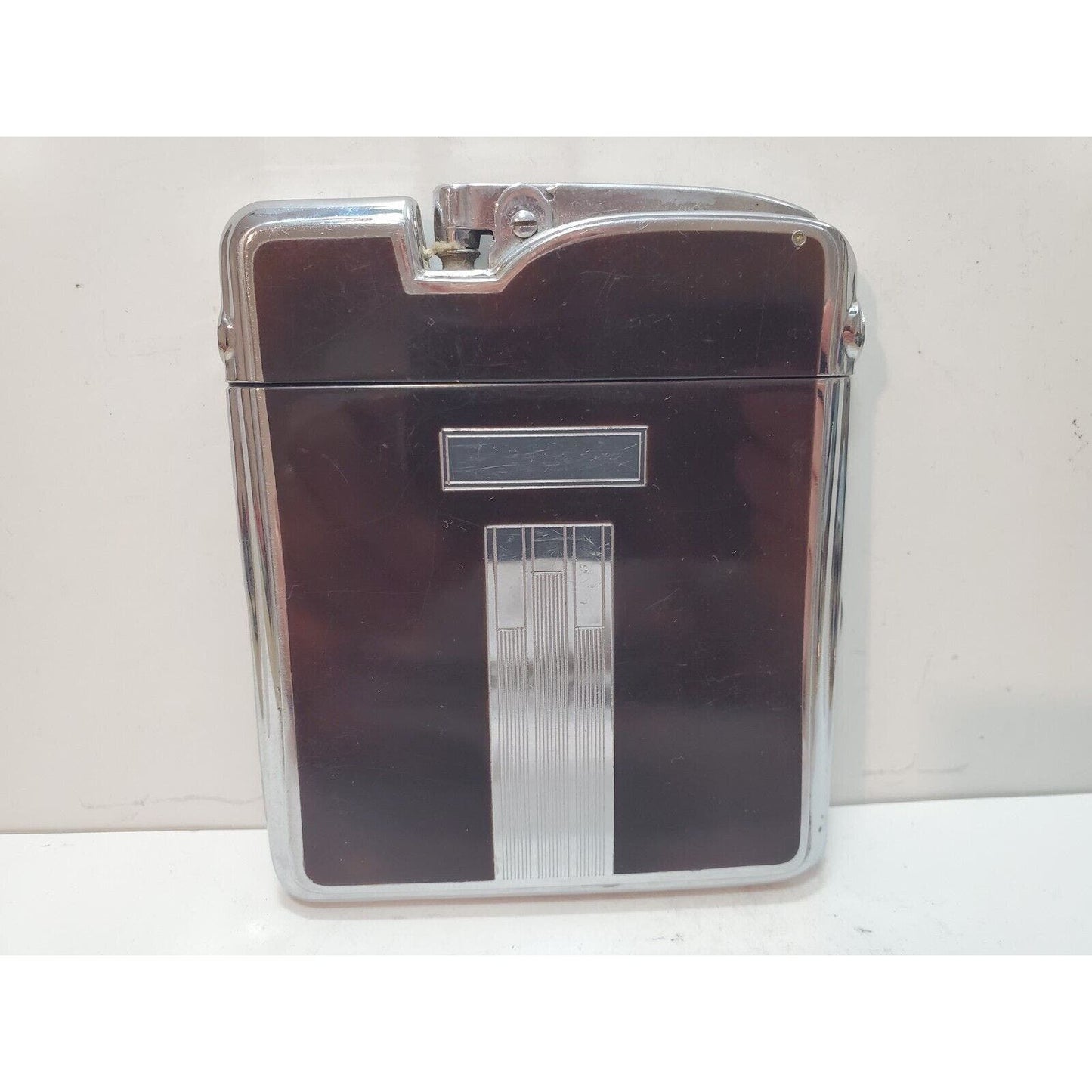 Working Ronson Art Deco Ten A Case Enamel Siler Tone Cigarette Case Lighter