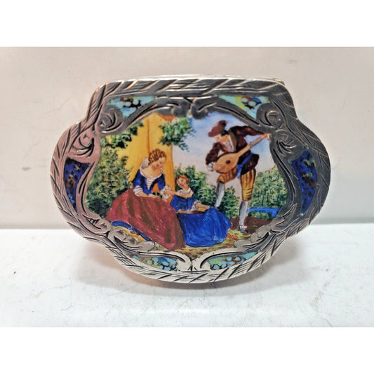 Vintage Italian Sterling Silver Enamel Love Couple Snuff Pill Trinket Box Case