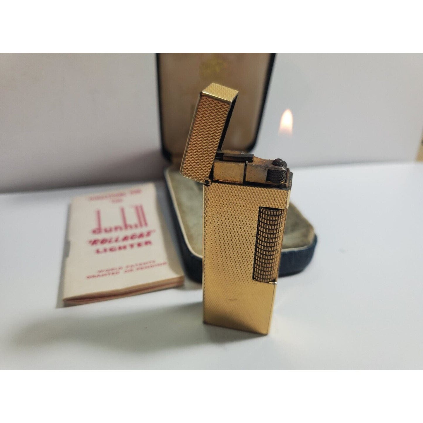 Working Vintage DUNHILL Rollagas Lighter Gold SWISS MADE, Original Case 5688/24