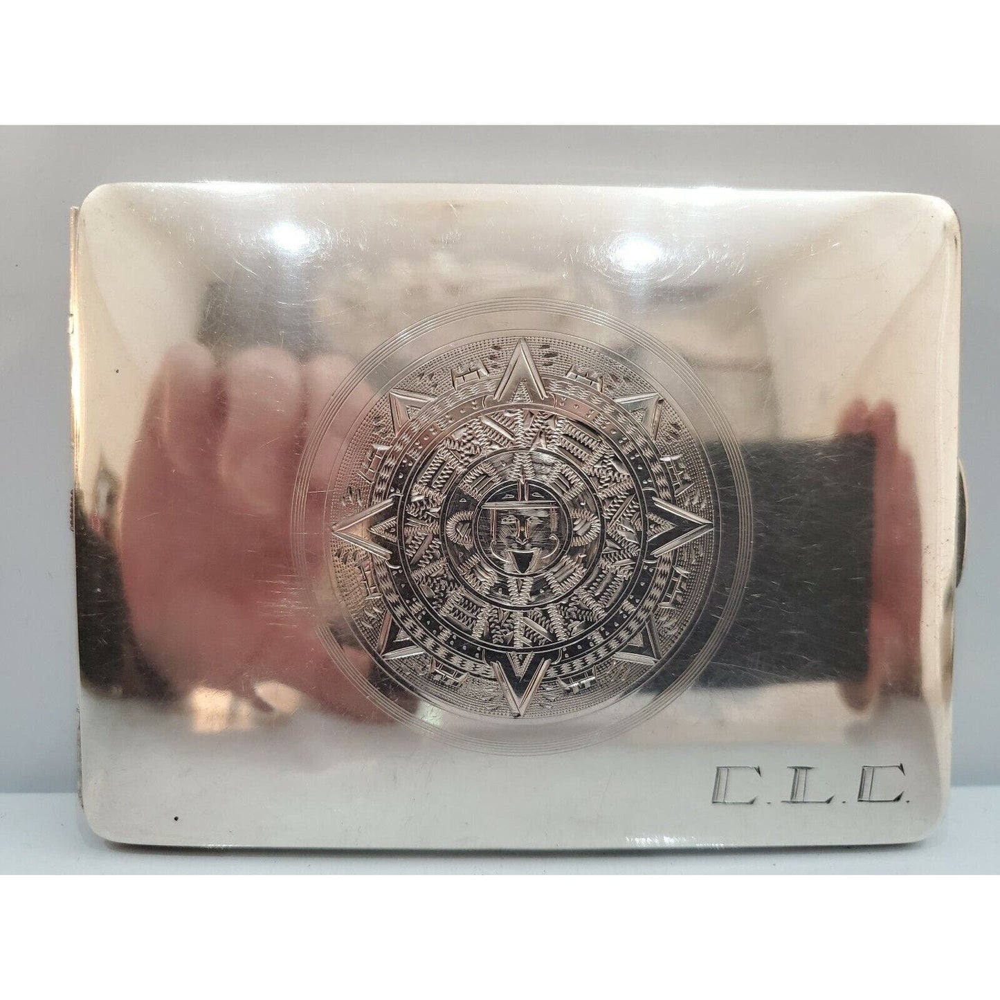 Vintage 925 Sterling Silver Cigarette Case Aztec Mayan Calendar 130g 76/3