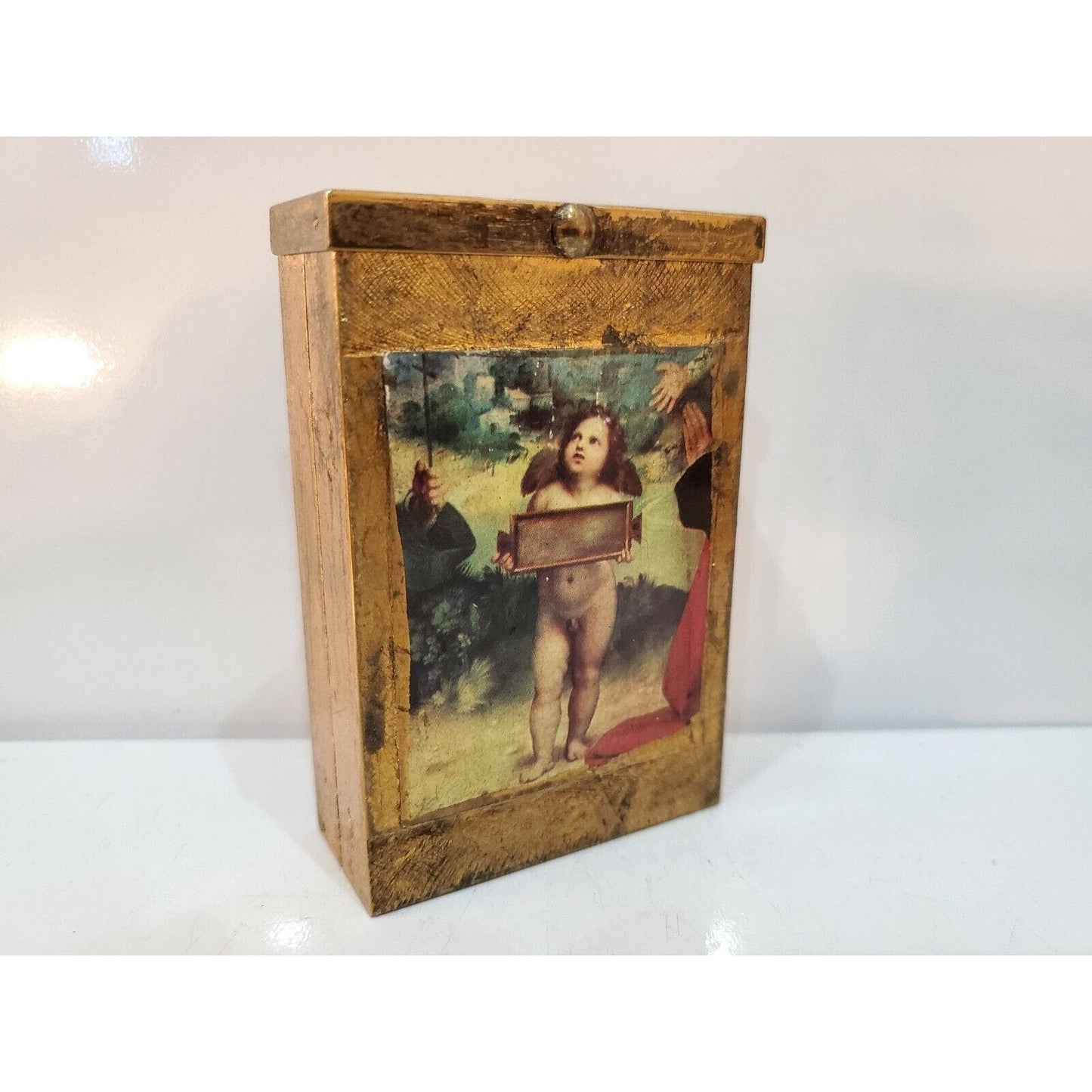 Vintage Cigarette Pack Case NUDE Boy, ANGEL Print GOLD 3 1/2” X 2 1/4” 3429.21