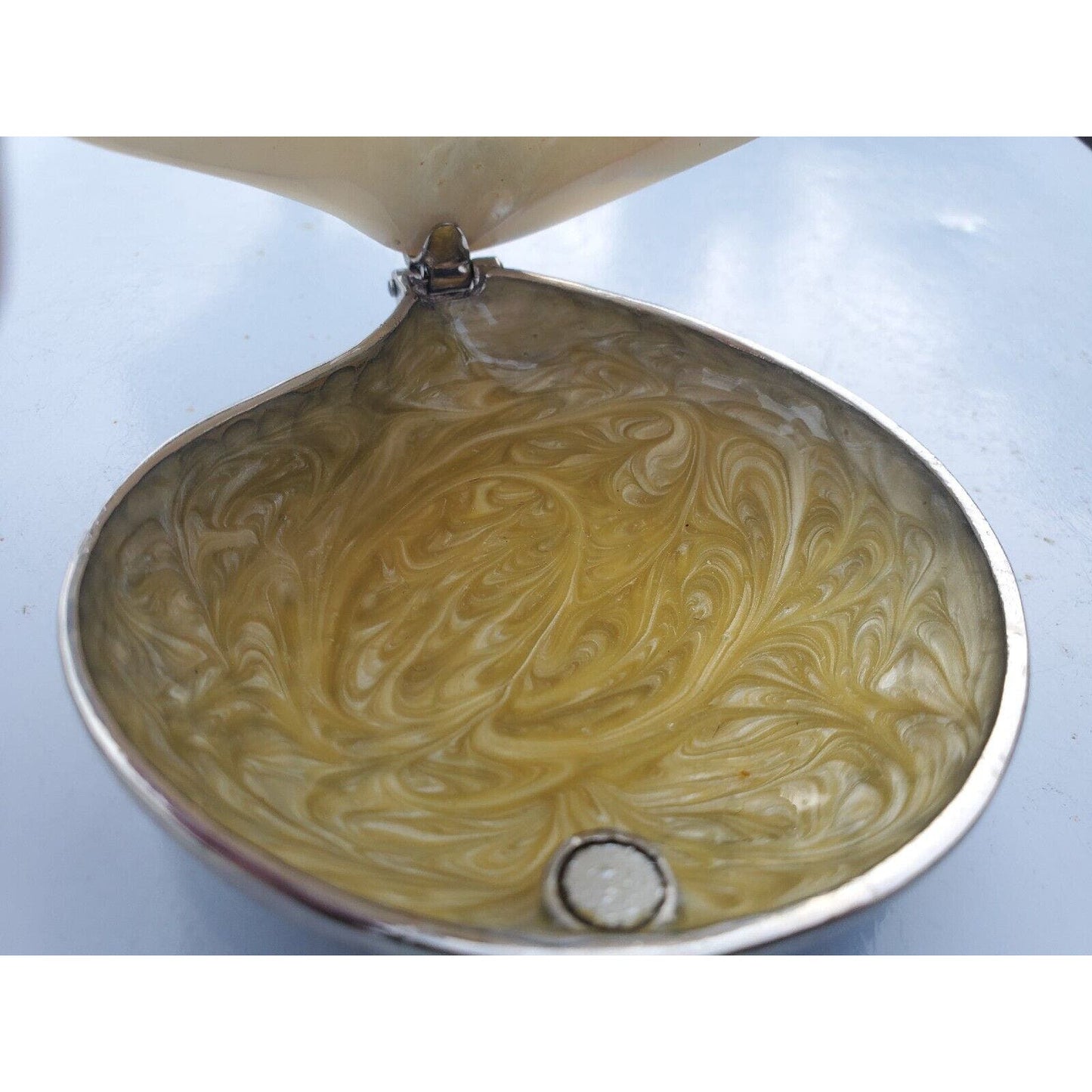 Vintage Mother of Pearl Abalone Seashell Shaped Hinged Trinket Pill Box 3"