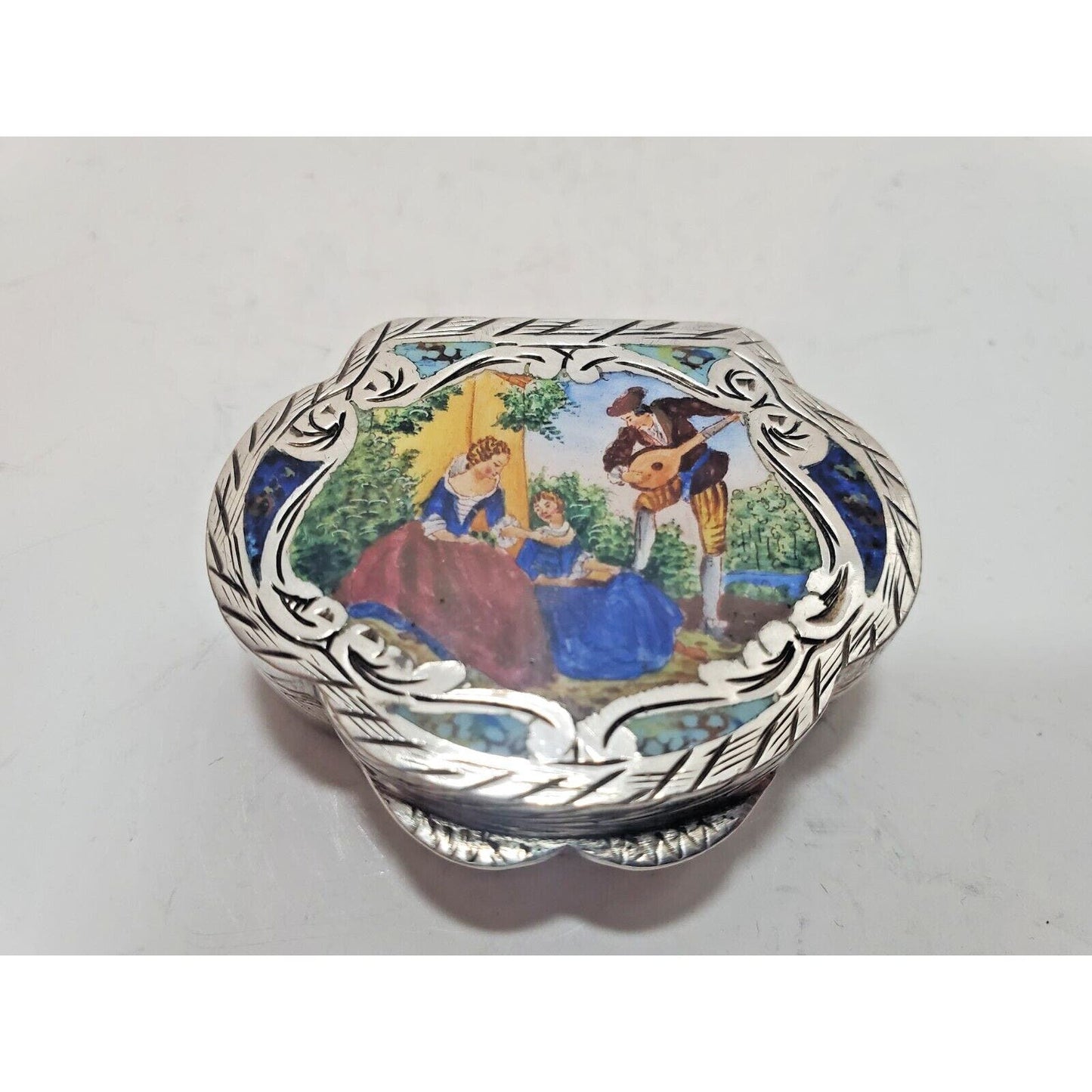 Vintage Italian Sterling Silver Enamel Love Couple Snuff Pill Trinket Box Case