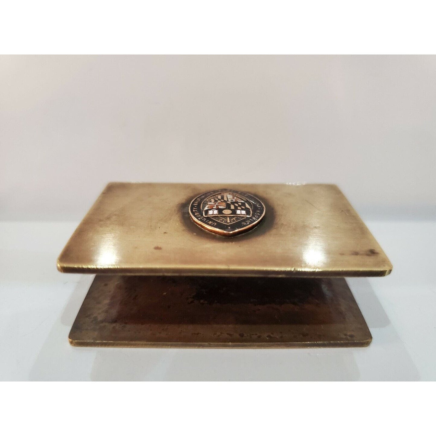 Vintage Brass Match Box Book Cover Case / JOHN HOPKINS ENAMEL LOGO 2 1/4 X 1 1/2
