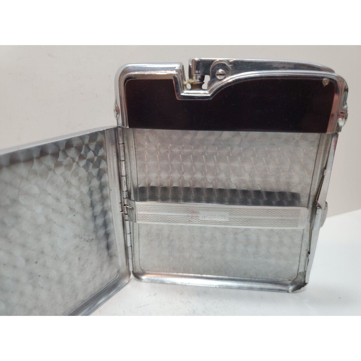 Working Ronson Art Deco Ten A Case Enamel Siler Tone Cigarette Case Lighter