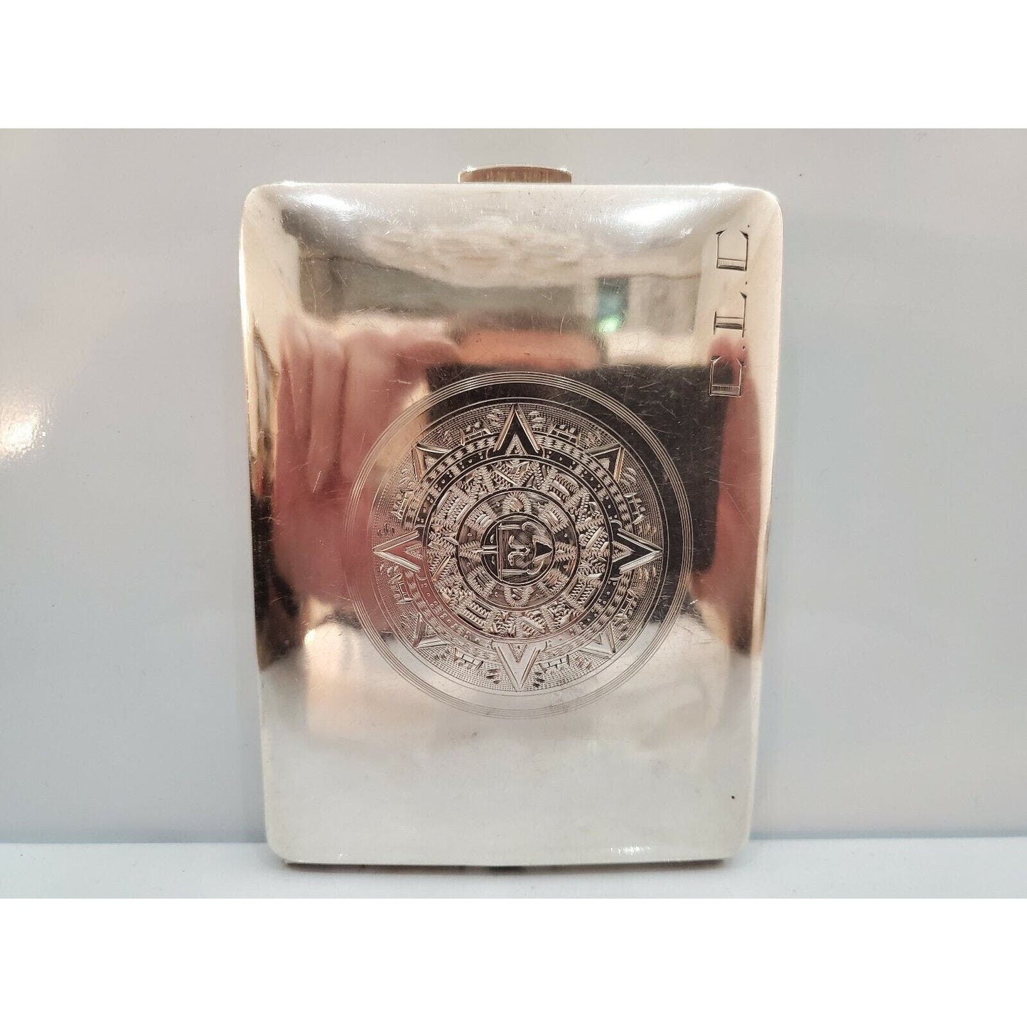 Vintage 925 Sterling Silver Cigarette Case Aztec Mayan Calendar 130g 76/3