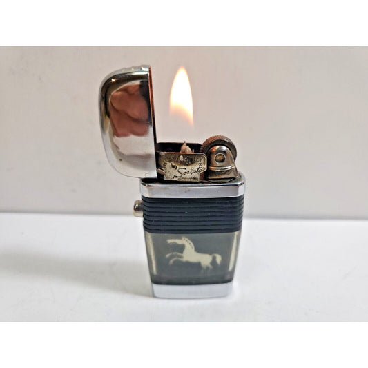 VINTAGE WORKING Scripto VU Lighter Charging Trojan Stallion Horse & Gold Black