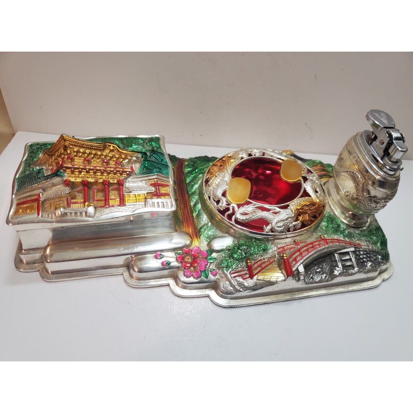 Vintage Japan DRAGON Smoking Set Lighter ,Ashtray and Holder Orig. Box 6294/48