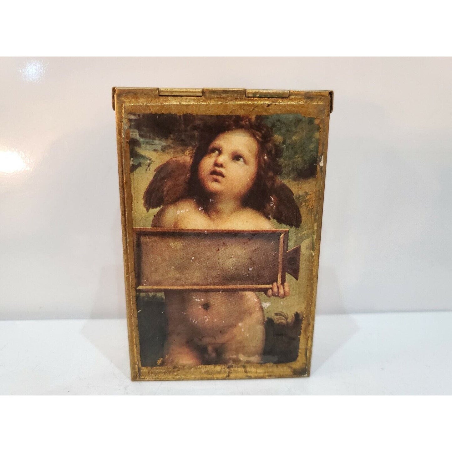 Vintage Cigarette Pack Case NUDE Boy, ANGEL Print GOLD 3 1/2” X 2 1/4” 3429.21