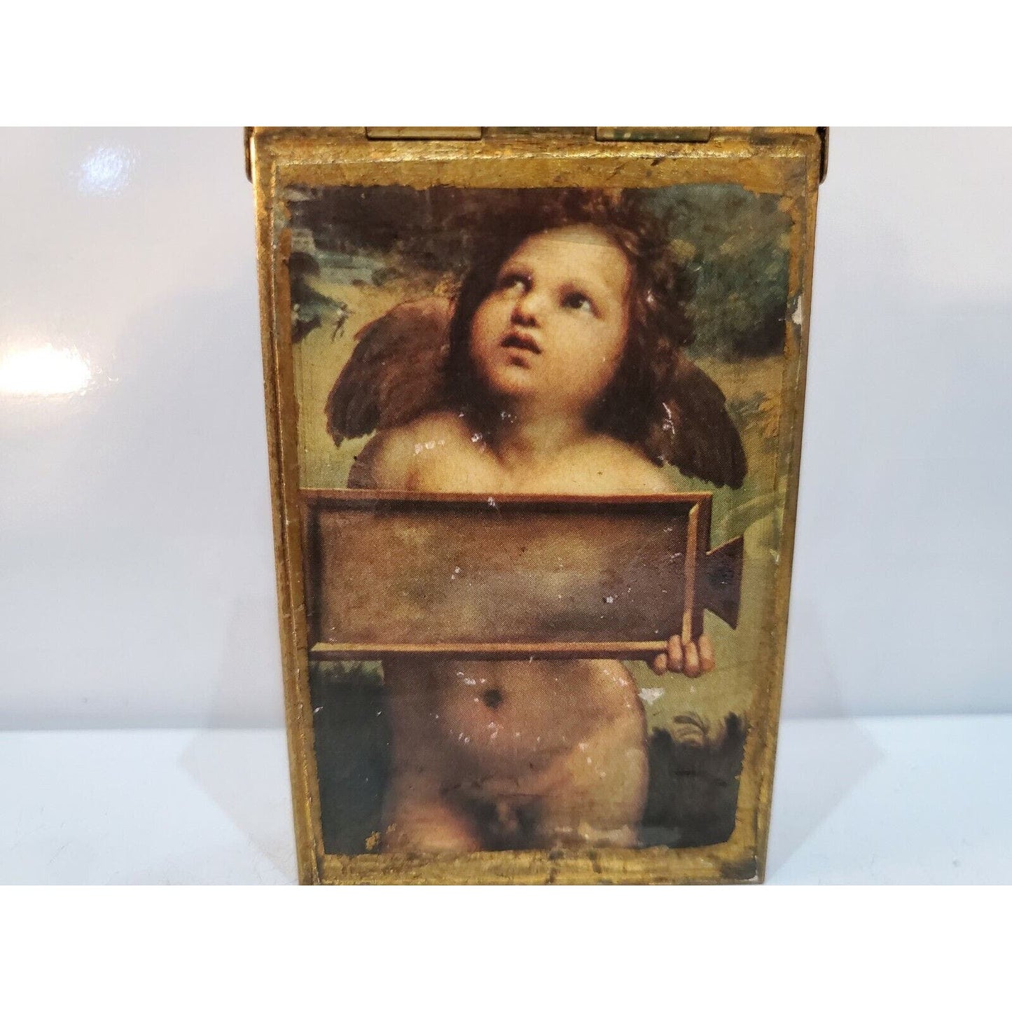 Vintage Cigarette Pack Case NUDE Boy, ANGEL Print GOLD 3 1/2” X 2 1/4” 3429.21