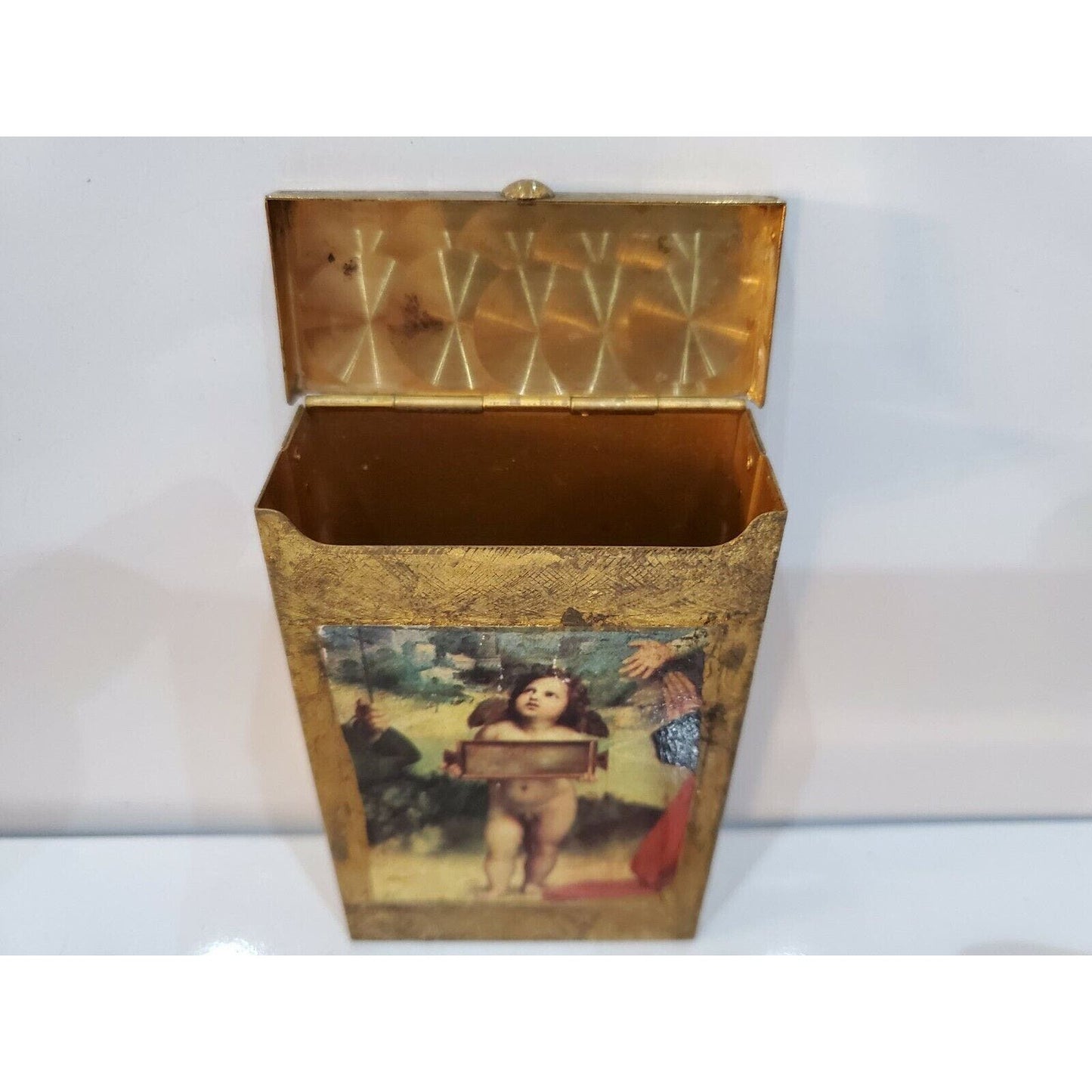 Vintage Cigarette Pack Case NUDE Boy, ANGEL Print GOLD 3 1/2” X 2 1/4” 3429.21