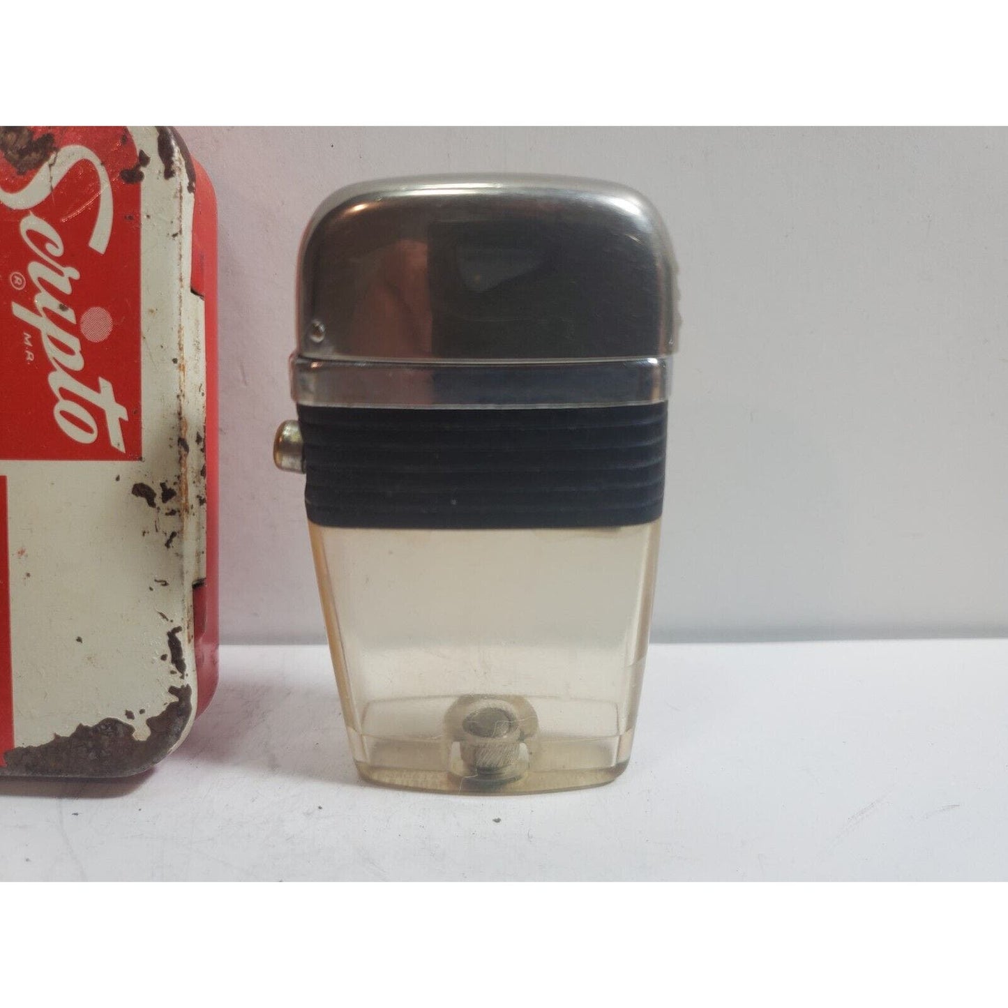 Vintage Working Scripto VU Lighter, Clear No Insert, Black, Orig Box 6055/24