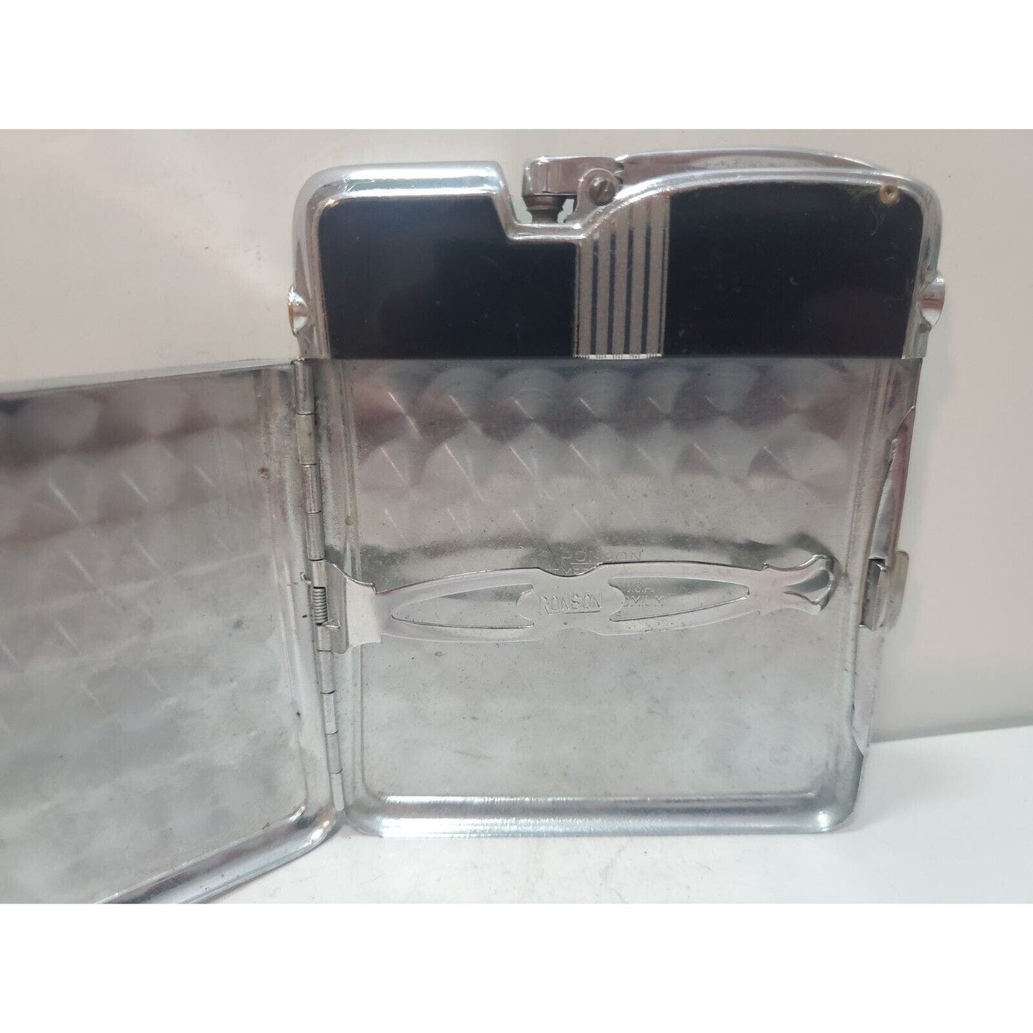 Working Ronson Art Deco Ten A Case Enamel Siler Tone Cigarette Case Lighter