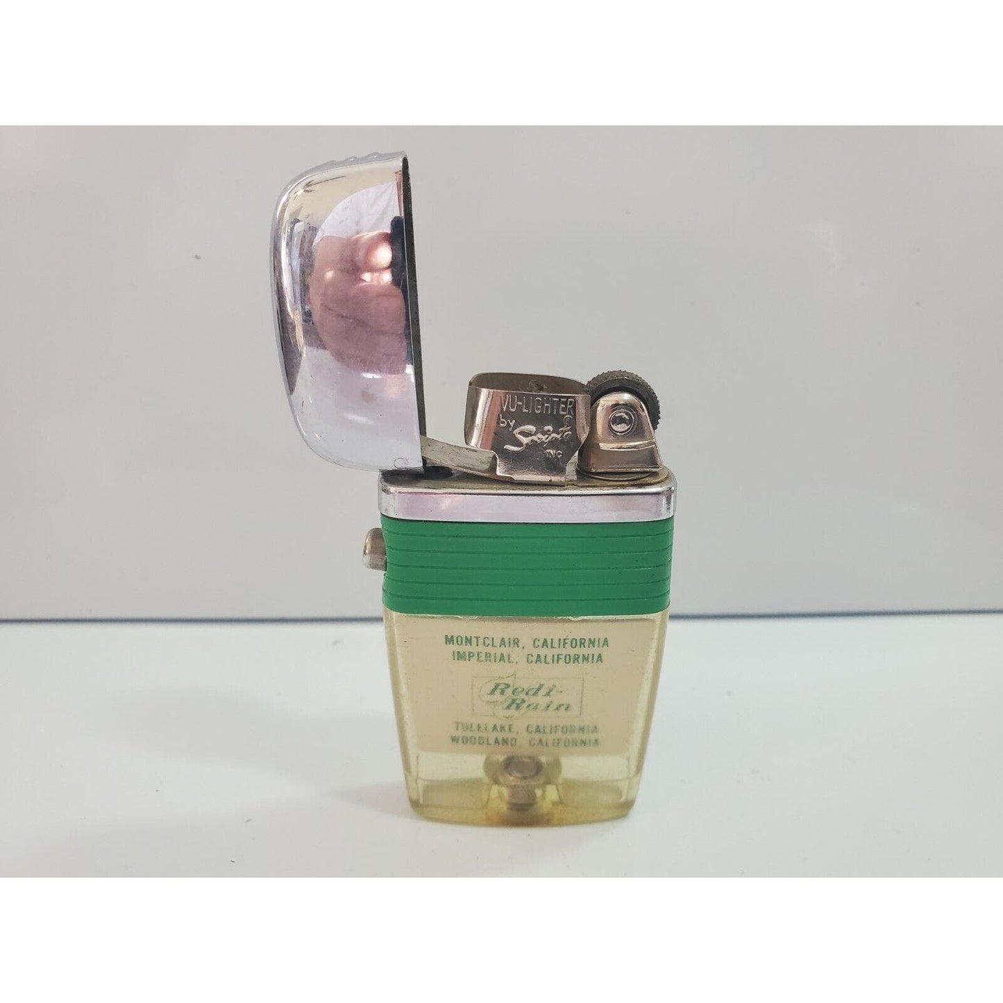 Vintage Working Scripto VU Lighter "REDI RAIN" LOGO ADVERTISING, GREEN 4407/29