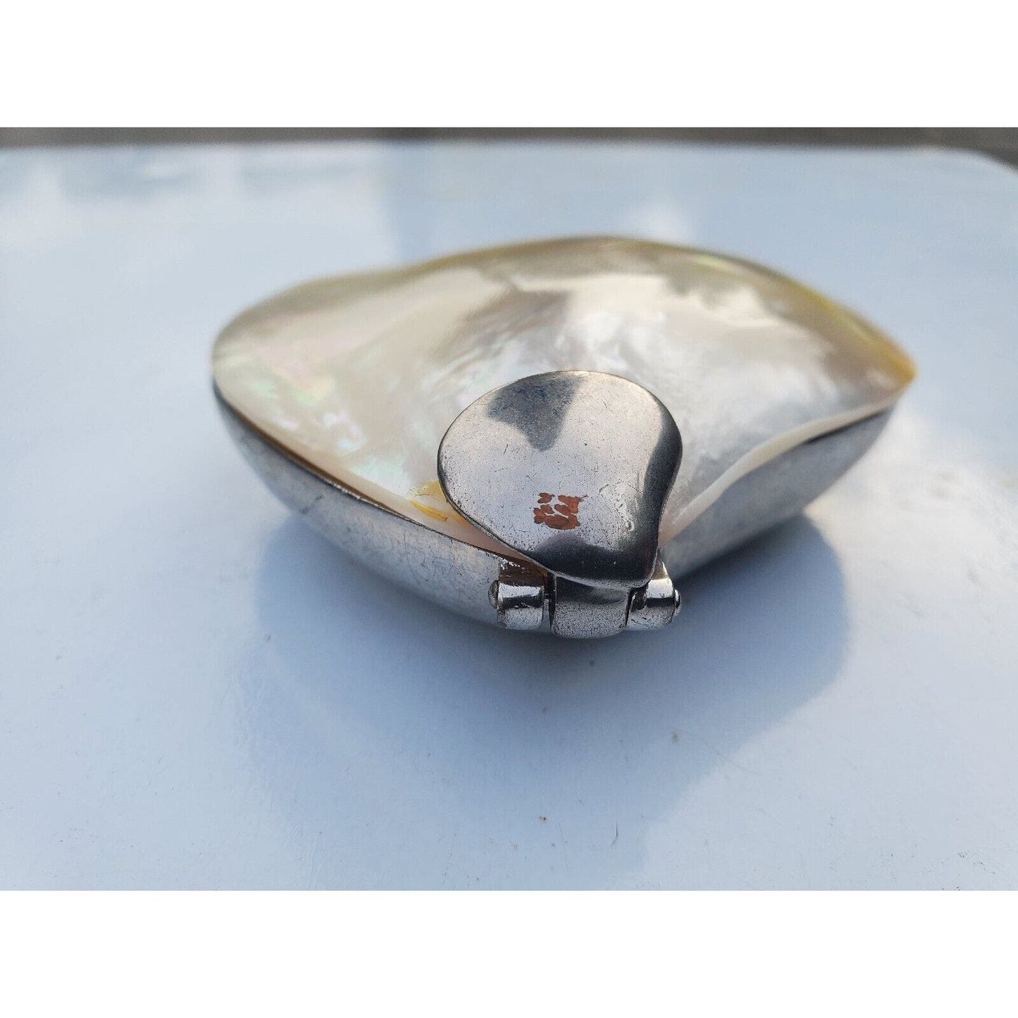 Vintage Mother of Pearl Abalone Seashell Shaped Hinged Trinket Pill Box 3"