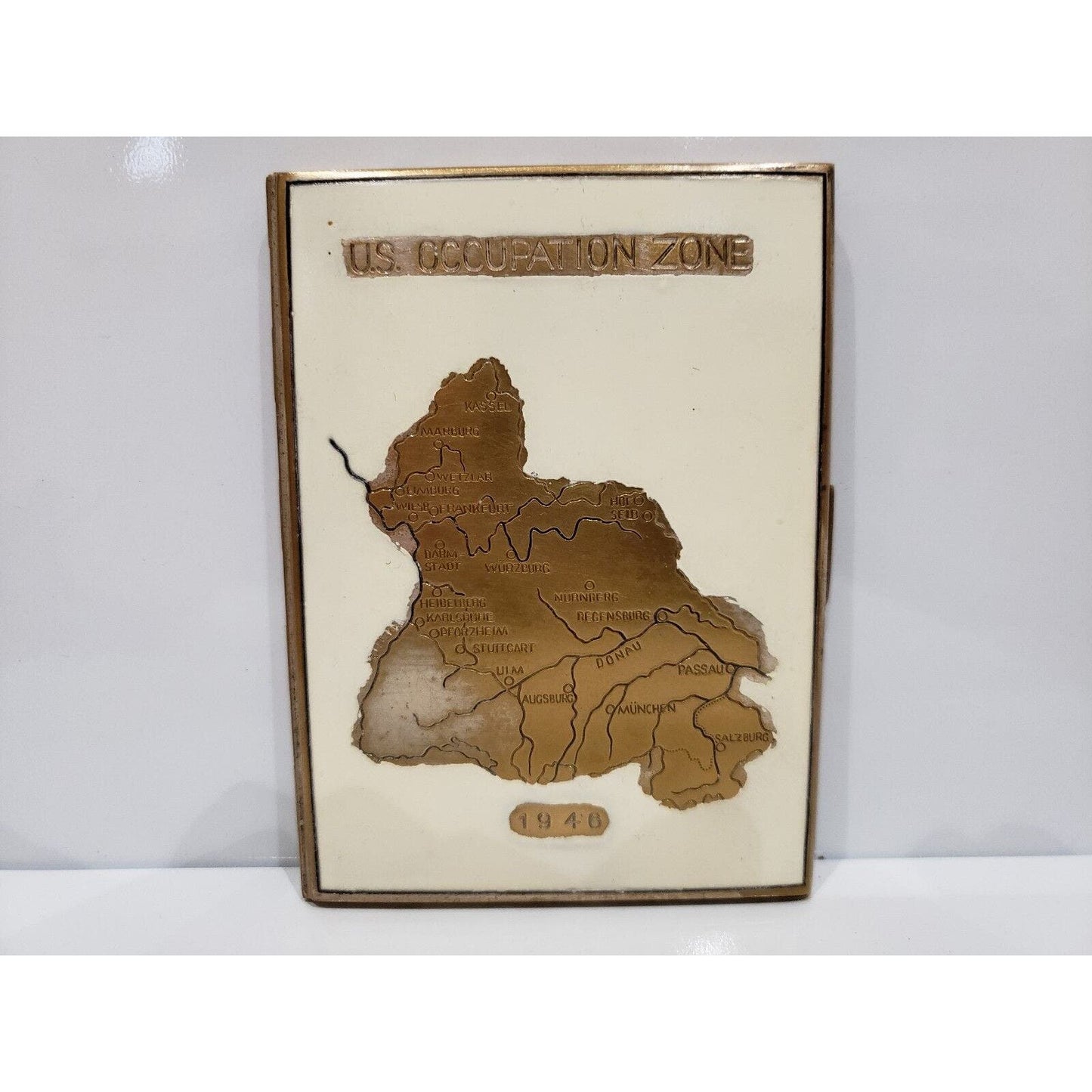 Vintage, Antique 1946 US OCCUPATION ZONE Map Enamel, Brass German Cigarette Case