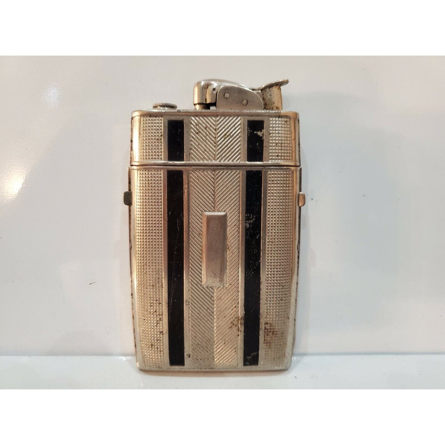Evans Cigarette Case  Lighter Silver, Black Enamel 3 1/2 x 3 3064/16