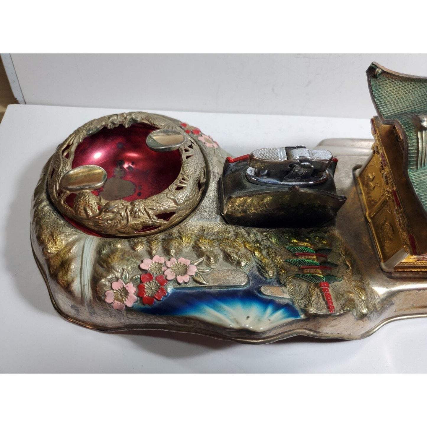 Vintage Mid Century Japan Smoking Working Lighter Dragon Ashtray, Cigarette Case