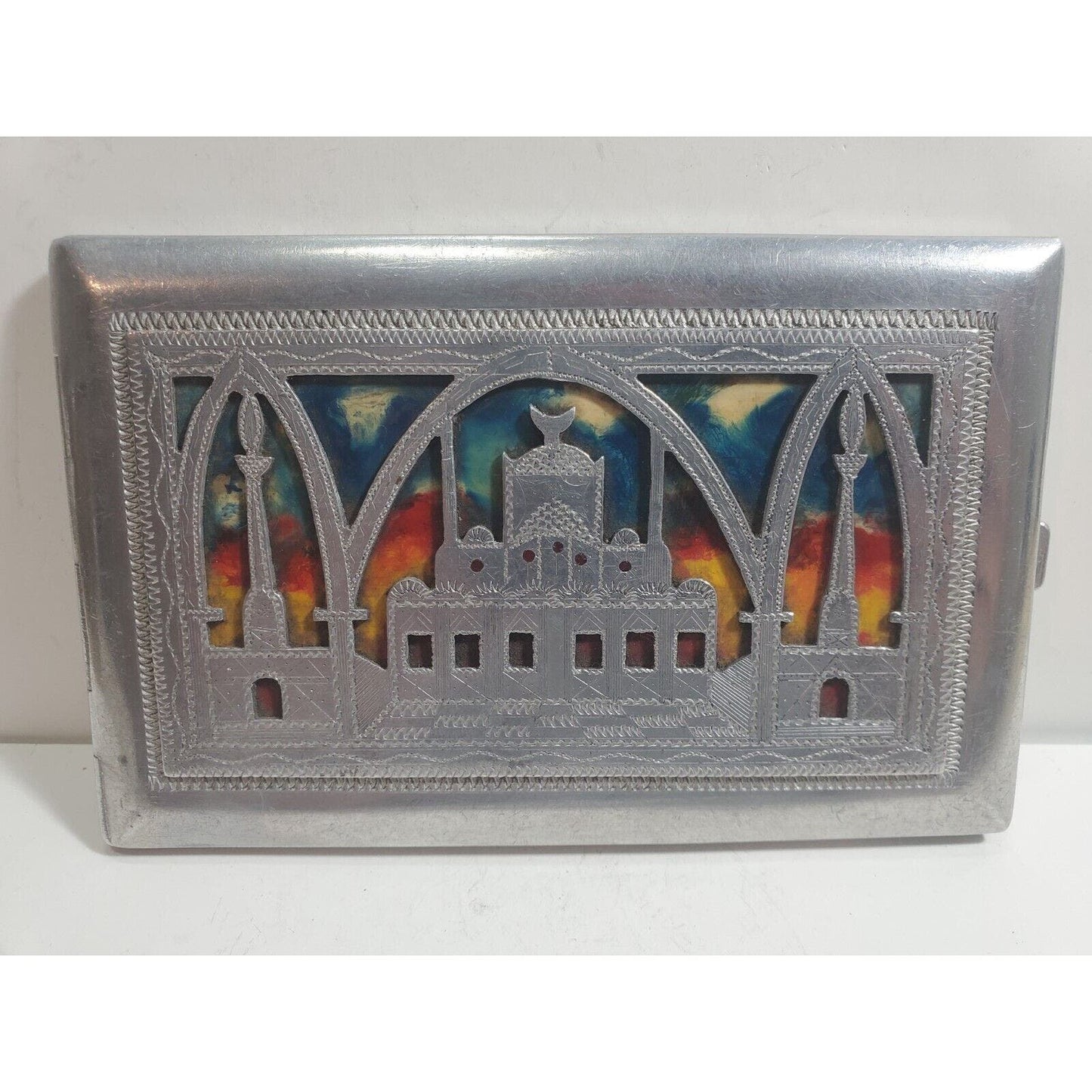 Vintage Silver Tone Ornate Africa POW WWII Cigarette Case, Pin up Girl, 5916/21