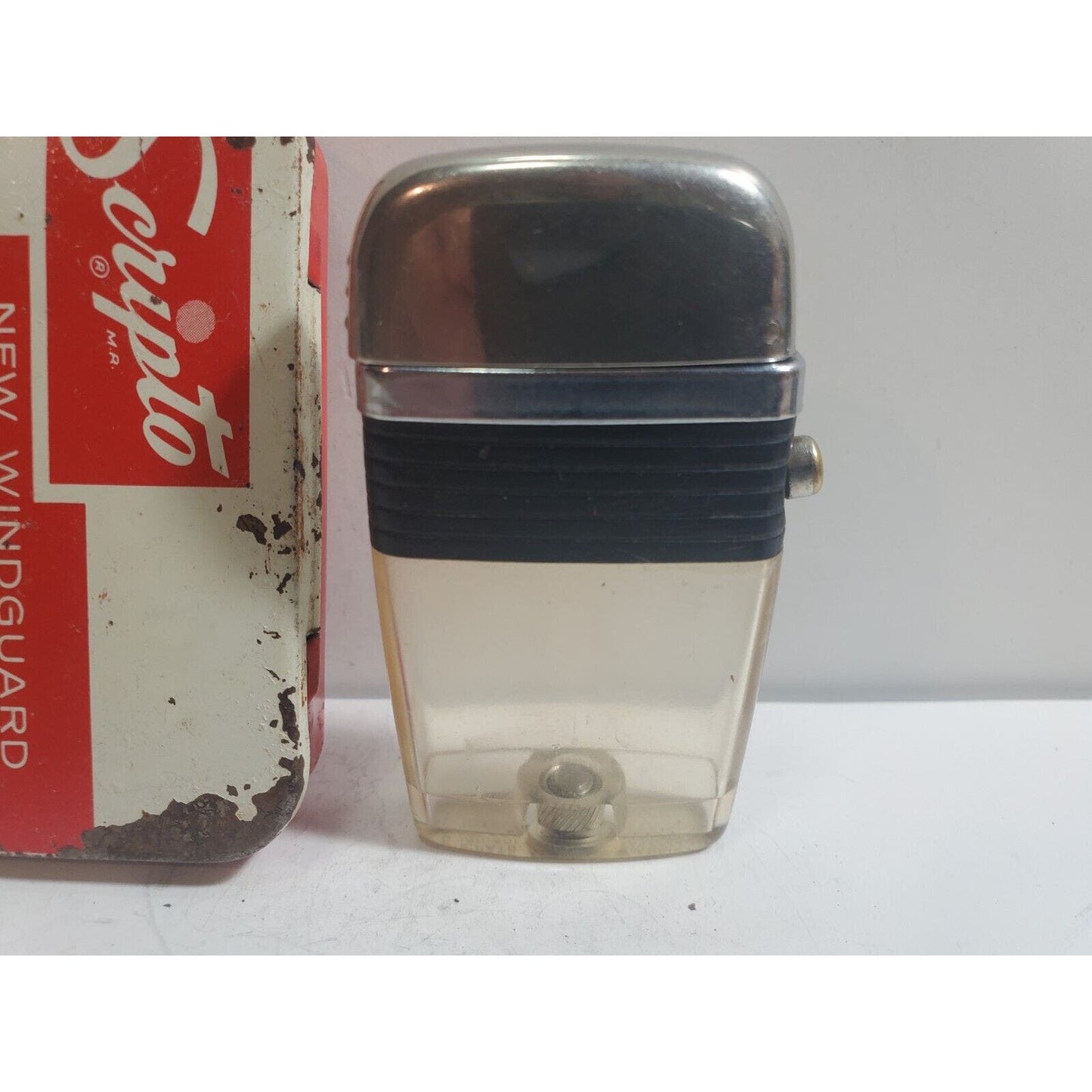 Vintage Working Scripto VU Lighter, Clear No Insert, Black, Orig Box 6055/24