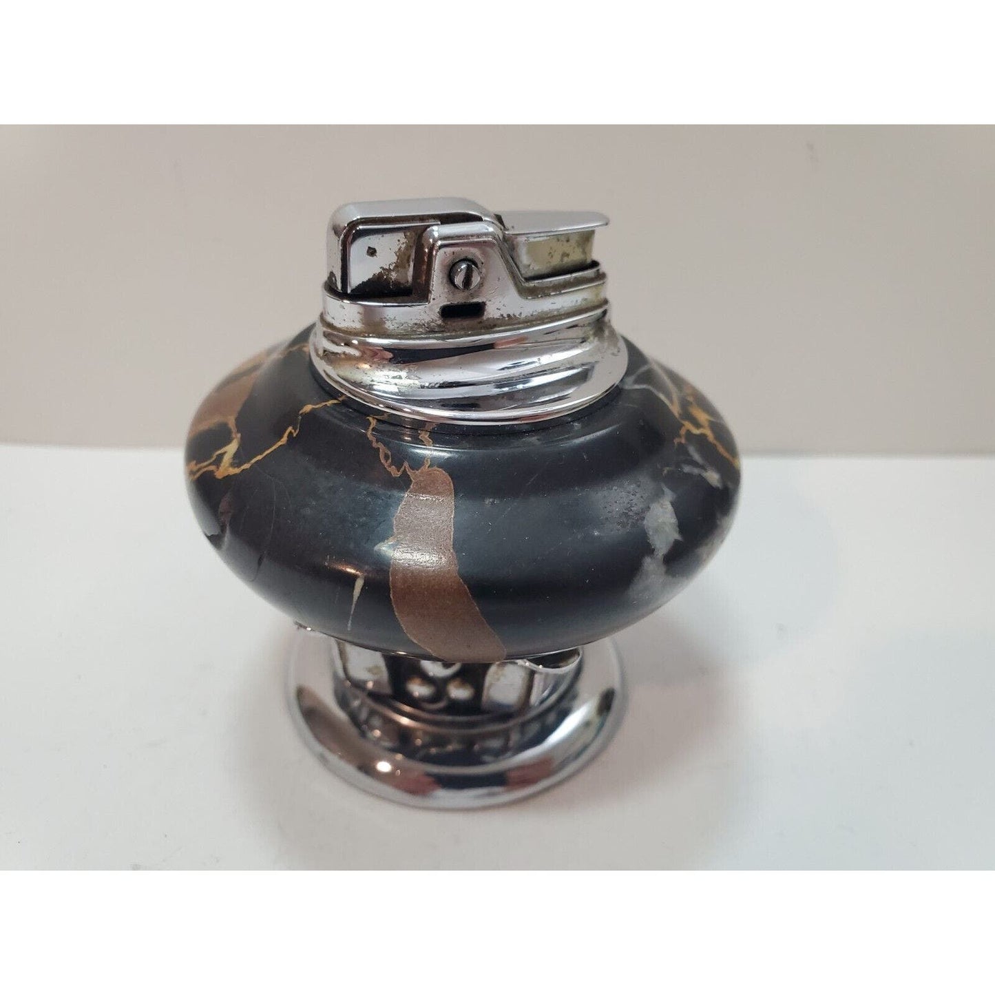 Working Vintage Lighter Ronson NORDIC Italian Black Marble Table Lighter Silver