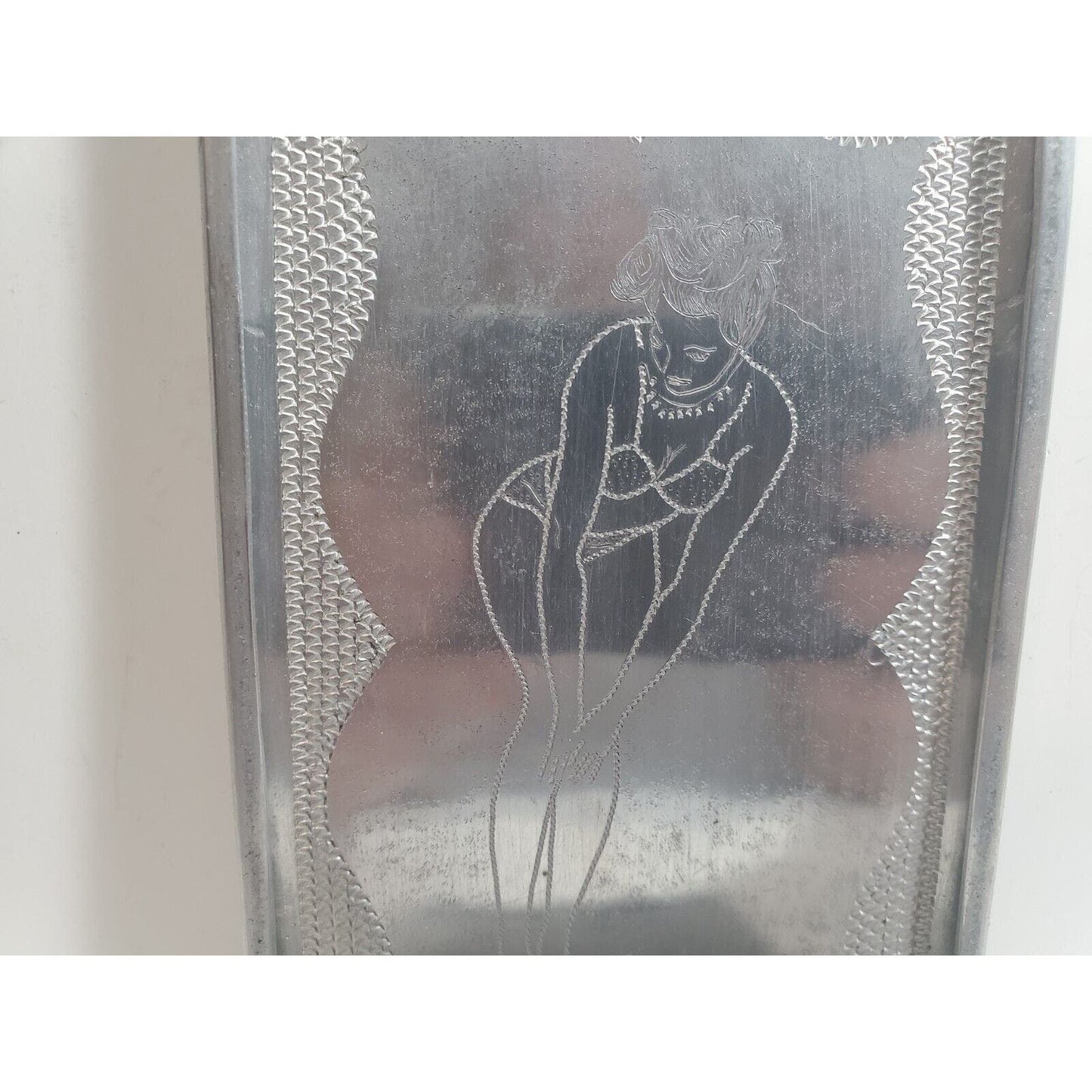 Vintage Silver Tone Ornate Africa POW WWII Cigarette Case, Pin up Girl, 5916/21