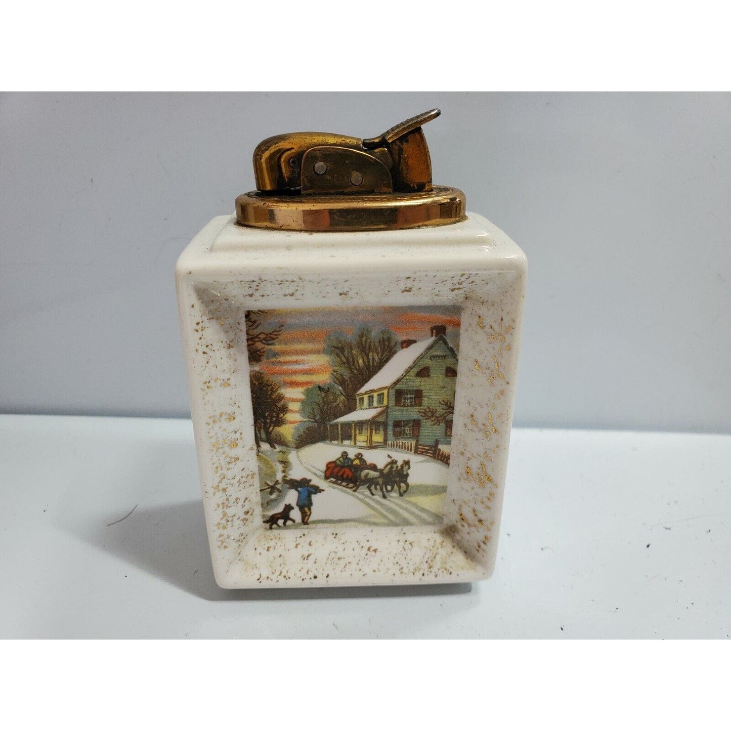 Vintage Working EVANS Table Lighter Currier & Ives WINTER SCENE c1928