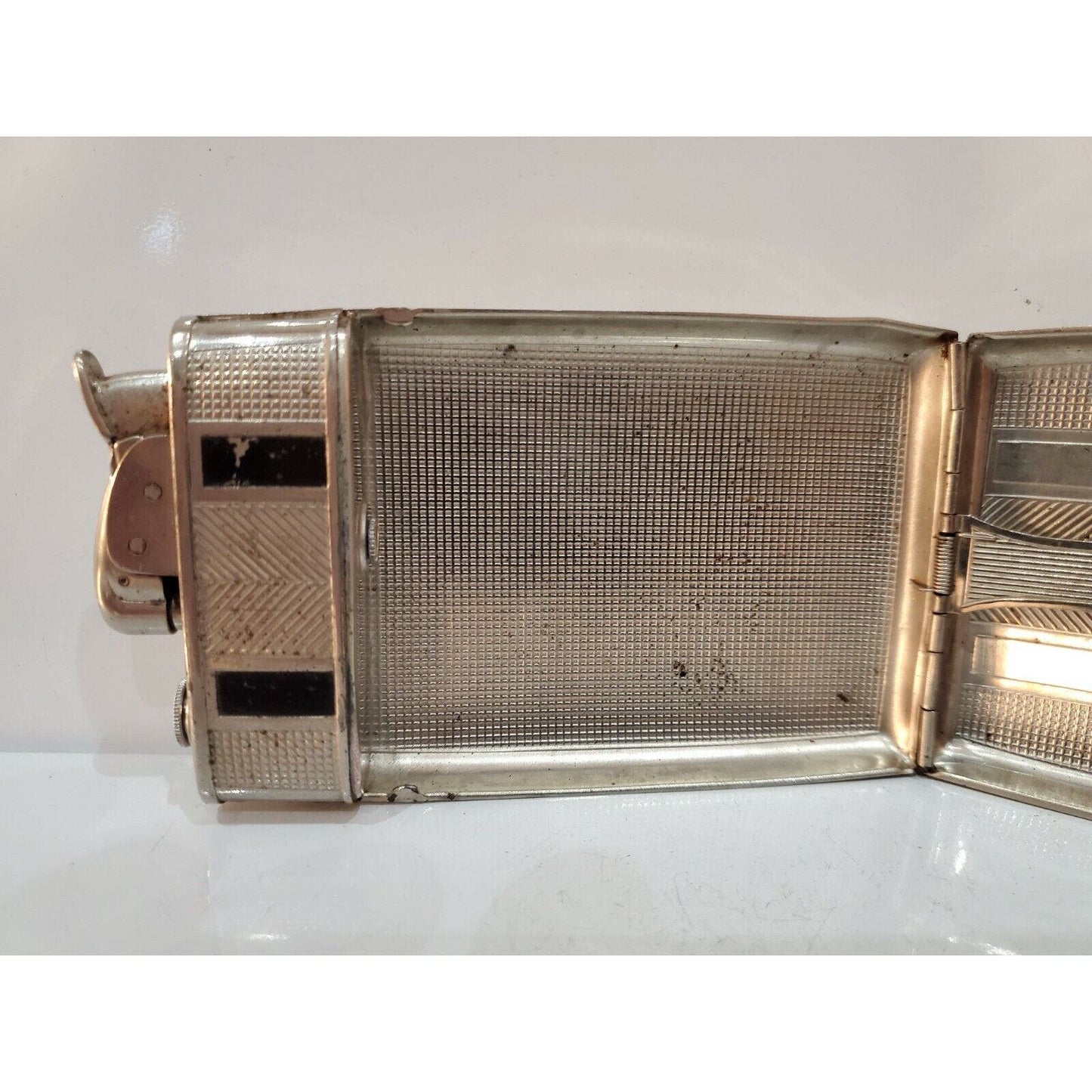 Evans Cigarette Case  Lighter Silver, Black Enamel 3 1/2 x 3 3064/16