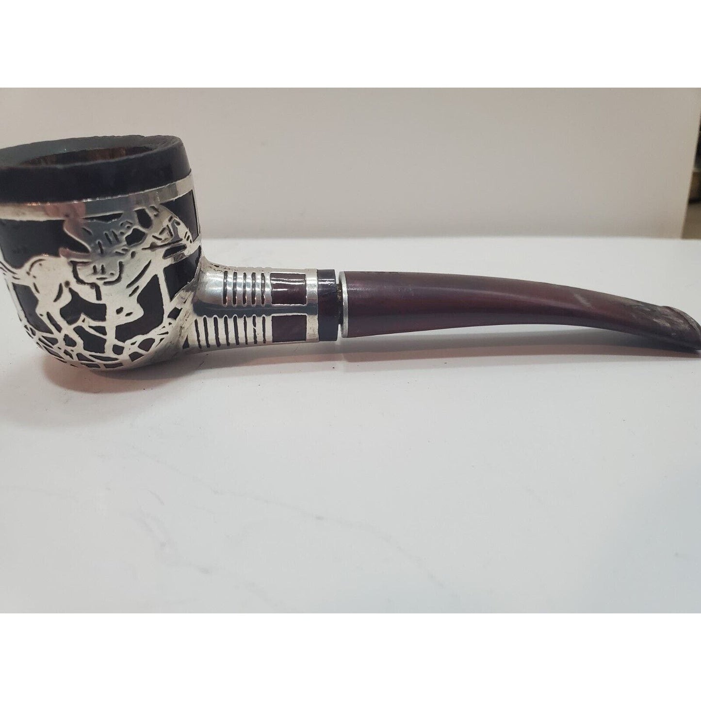 Vtg Sterling Silver 925 Overlay Tobacco Pipe Silversmith Made Jockey On Horse