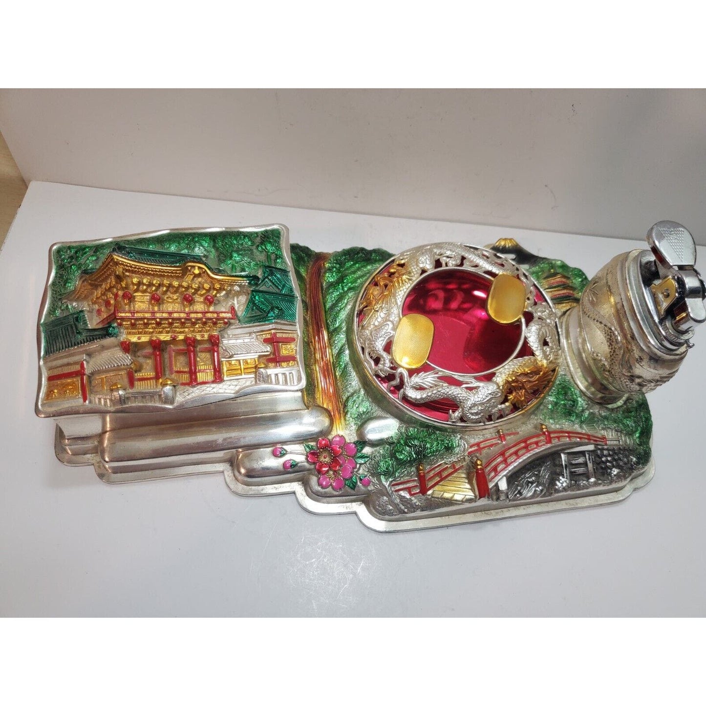 Vintage Japan DRAGON Smoking Set Lighter ,Ashtray and Holder Orig. Box 6294/48
