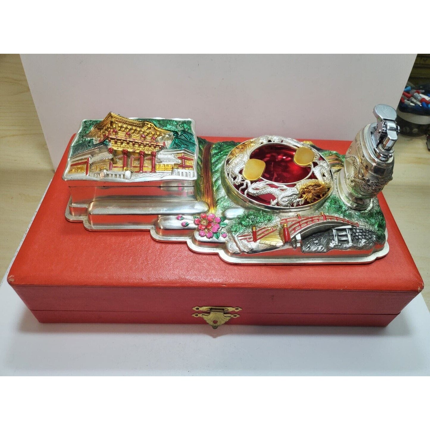 Vintage Japan DRAGON Smoking Set Lighter ,Ashtray and Holder Orig. Box 6294/48