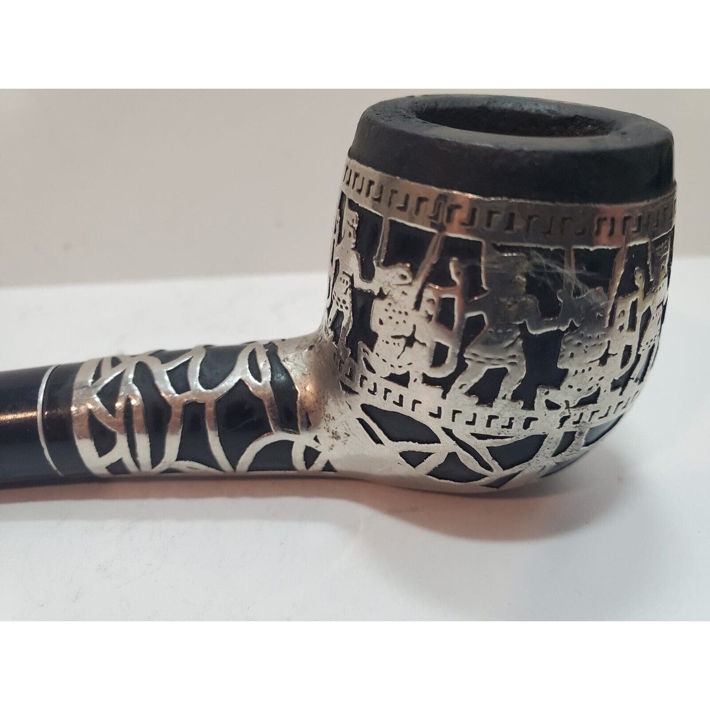 Vintage Sterling Silver 925 Overlay Tobacco Pipe MEDICO, Aztec Warrior Themed
