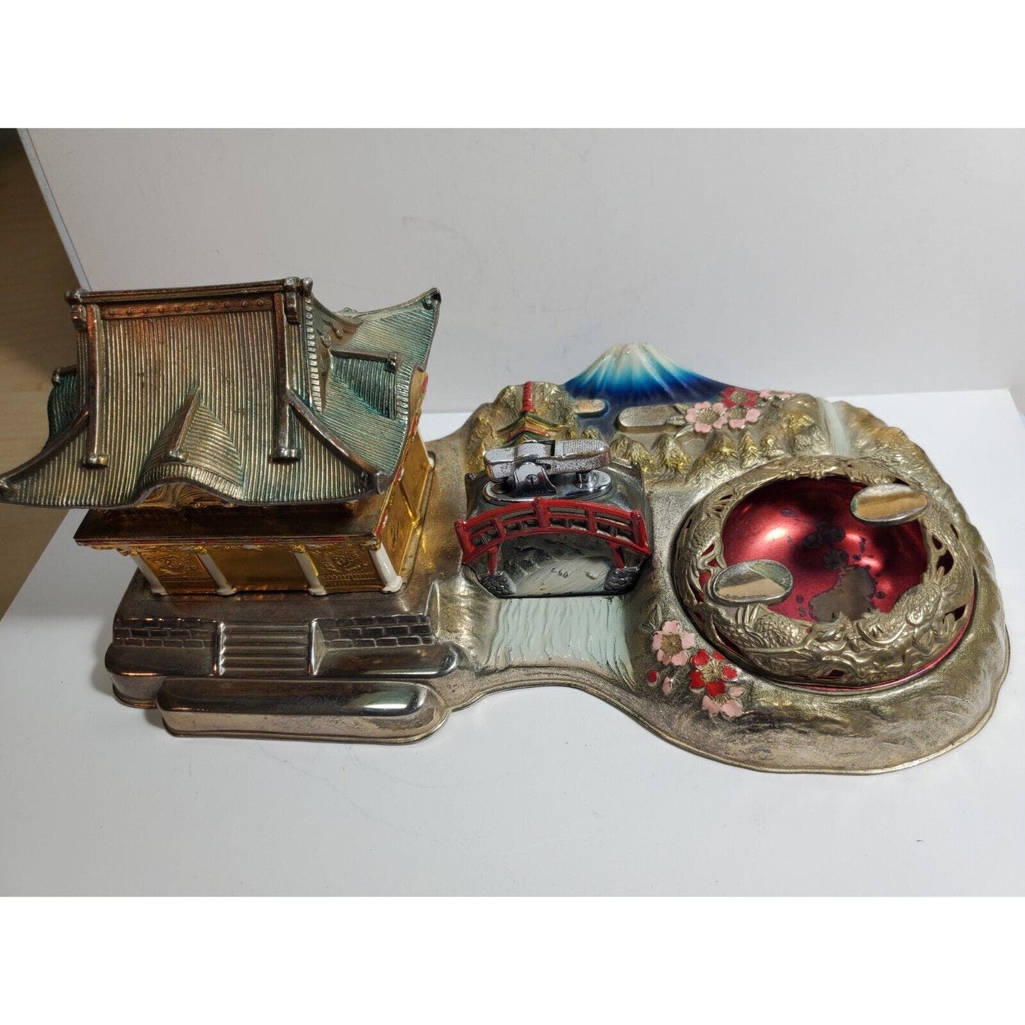 Vintage Mid Century Japan Smoking Working Lighter Dragon Ashtray, Cigarette Case