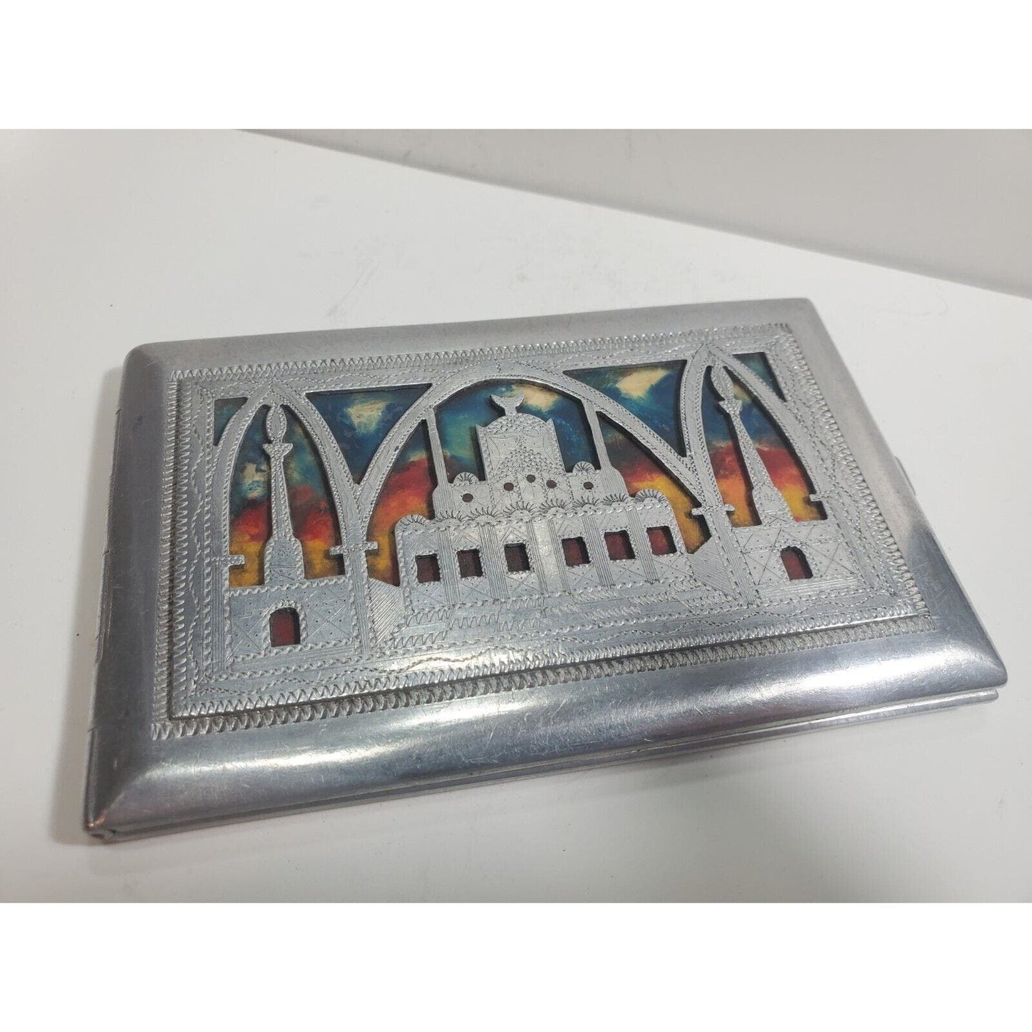 Vintage Silver Tone Ornate Africa POW WWII Cigarette Case, Pin up Girl, 5916/21