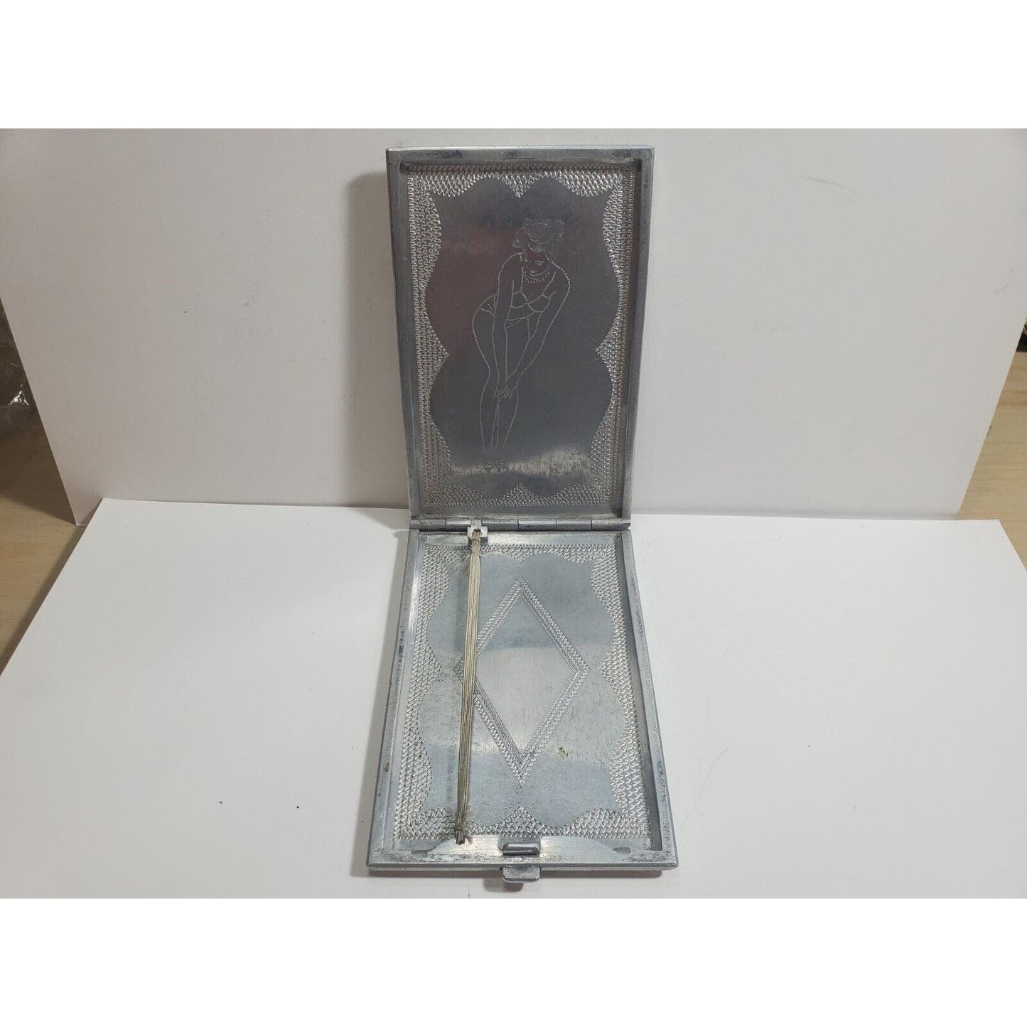 Vintage Silver Tone Ornate Africa POW WWII Cigarette Case, Pin up Girl, 5916/21