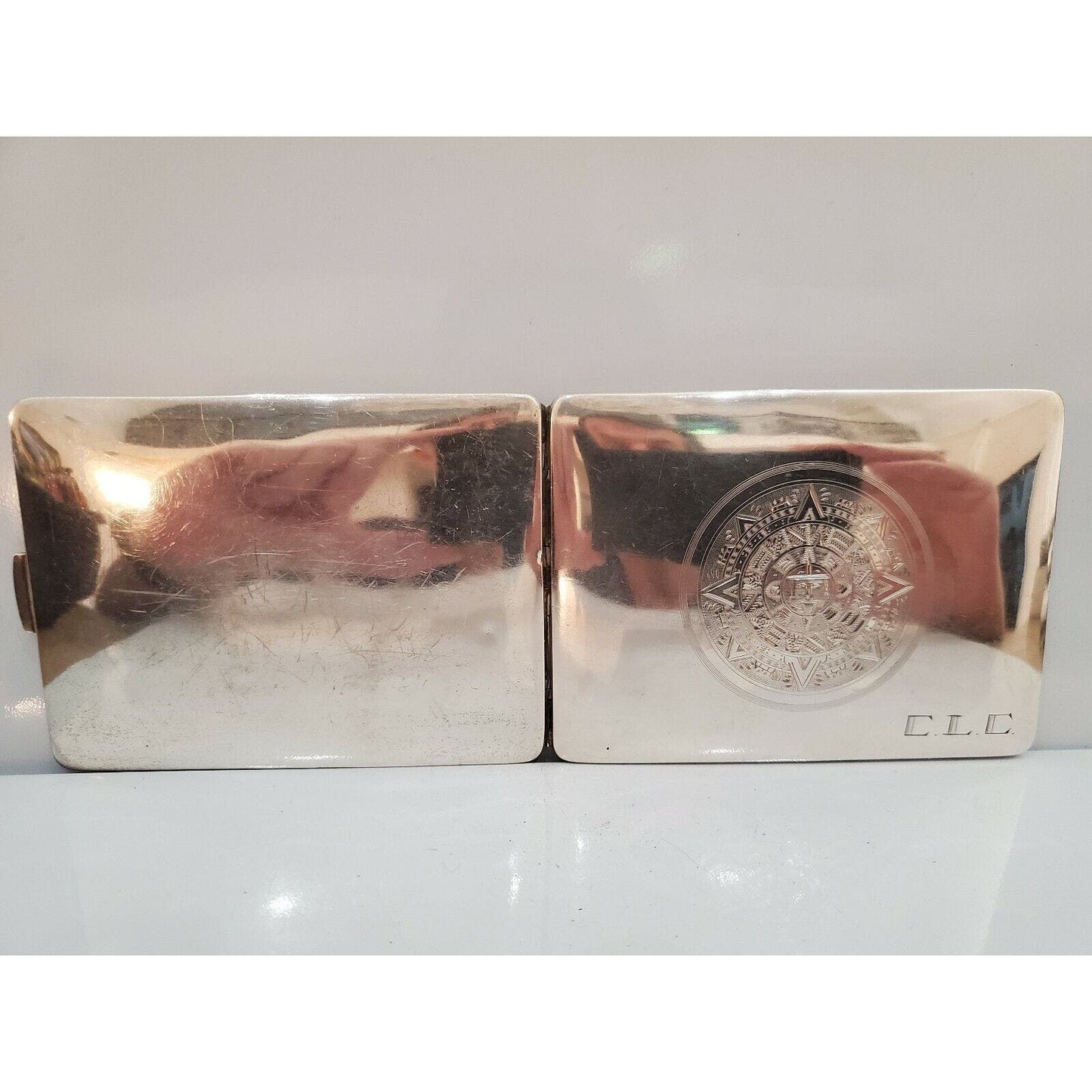 Vintage 925 Sterling Silver Cigarette Case Aztec Mayan Calendar 130g 76/3