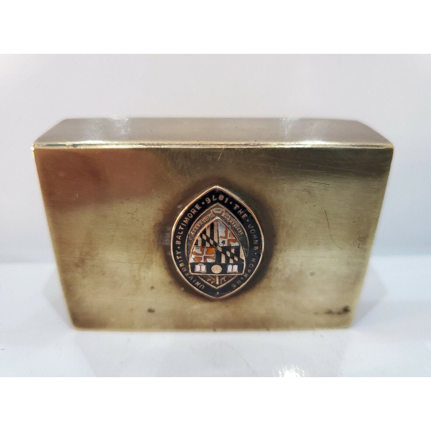 Vintage Brass Match Box Book Cover Case / JOHN HOPKINS ENAMEL LOGO 2 1/4 X 1 1/2
