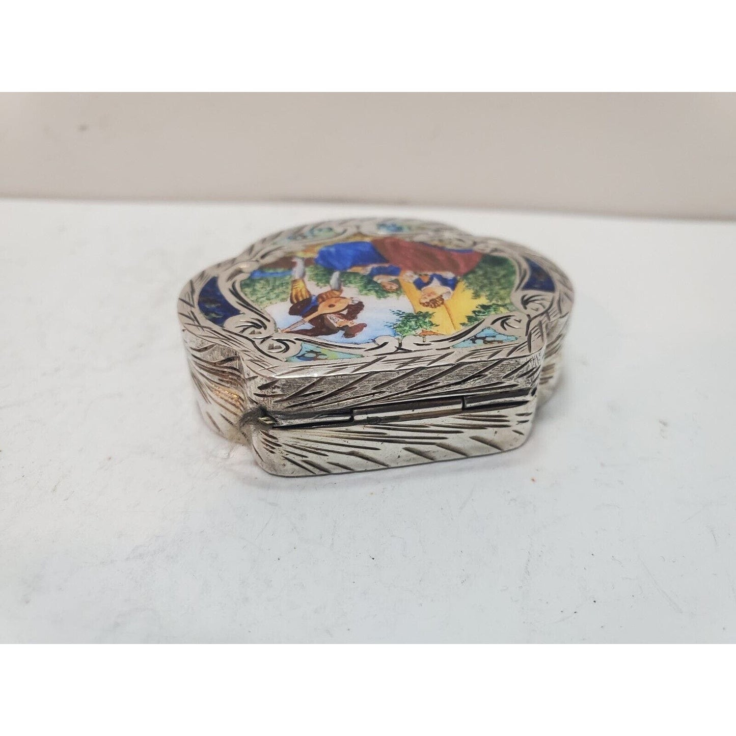 Vintage Italian Sterling Silver Enamel Love Couple Snuff Pill Trinket Box Case