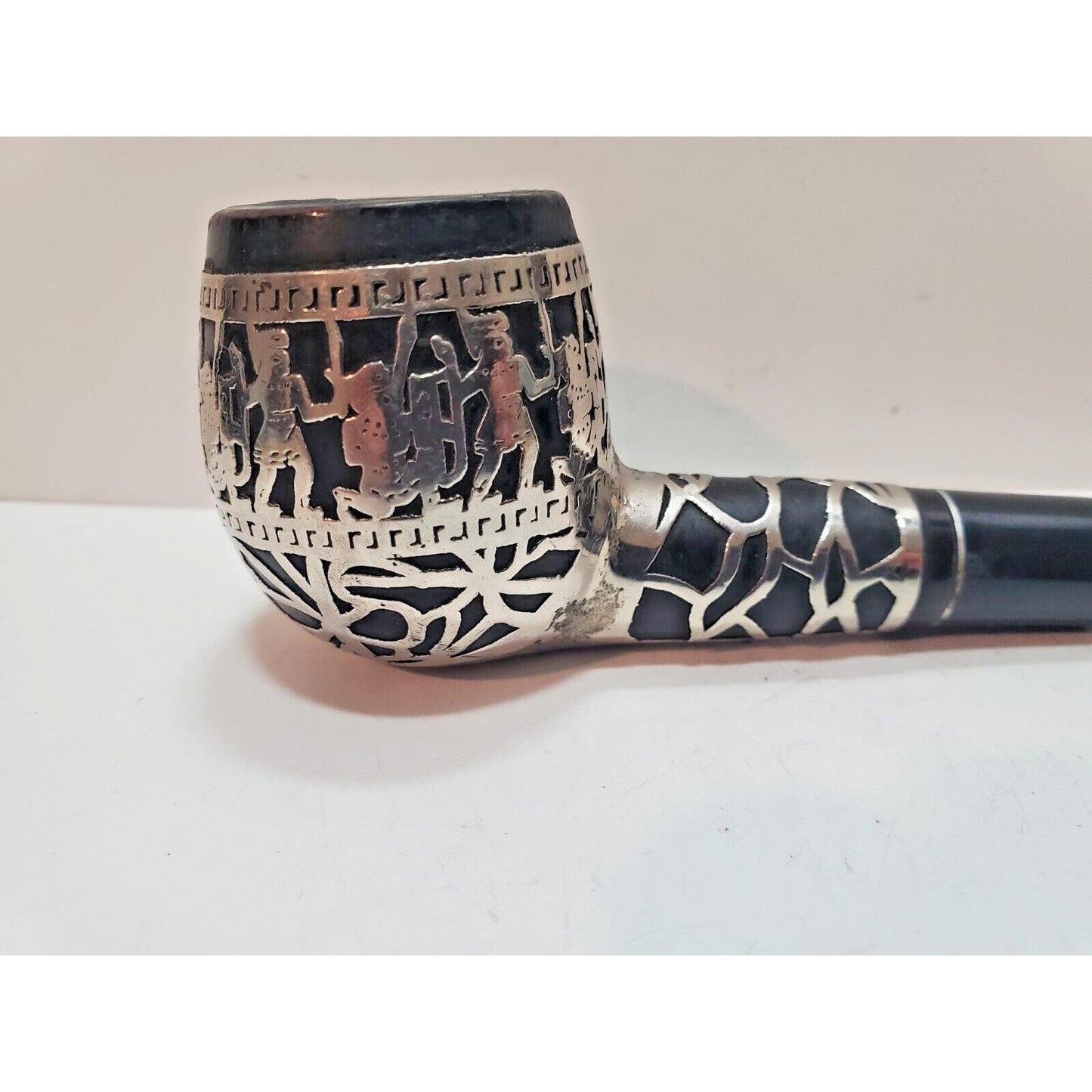 Vintage Sterling Silver 925 Overlay Tobacco Pipe MEDICO, Aztec Warrior Themed