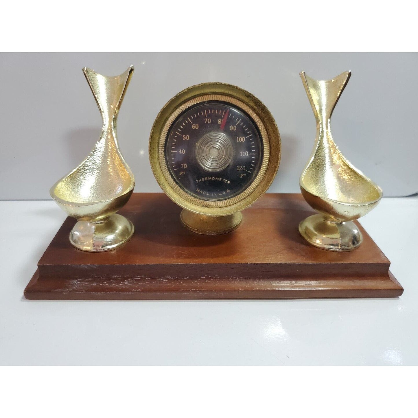 Vintage PAX Desk Pipe Rest Gold Tone Metal Double Holder & THERMOMETER 3007/44