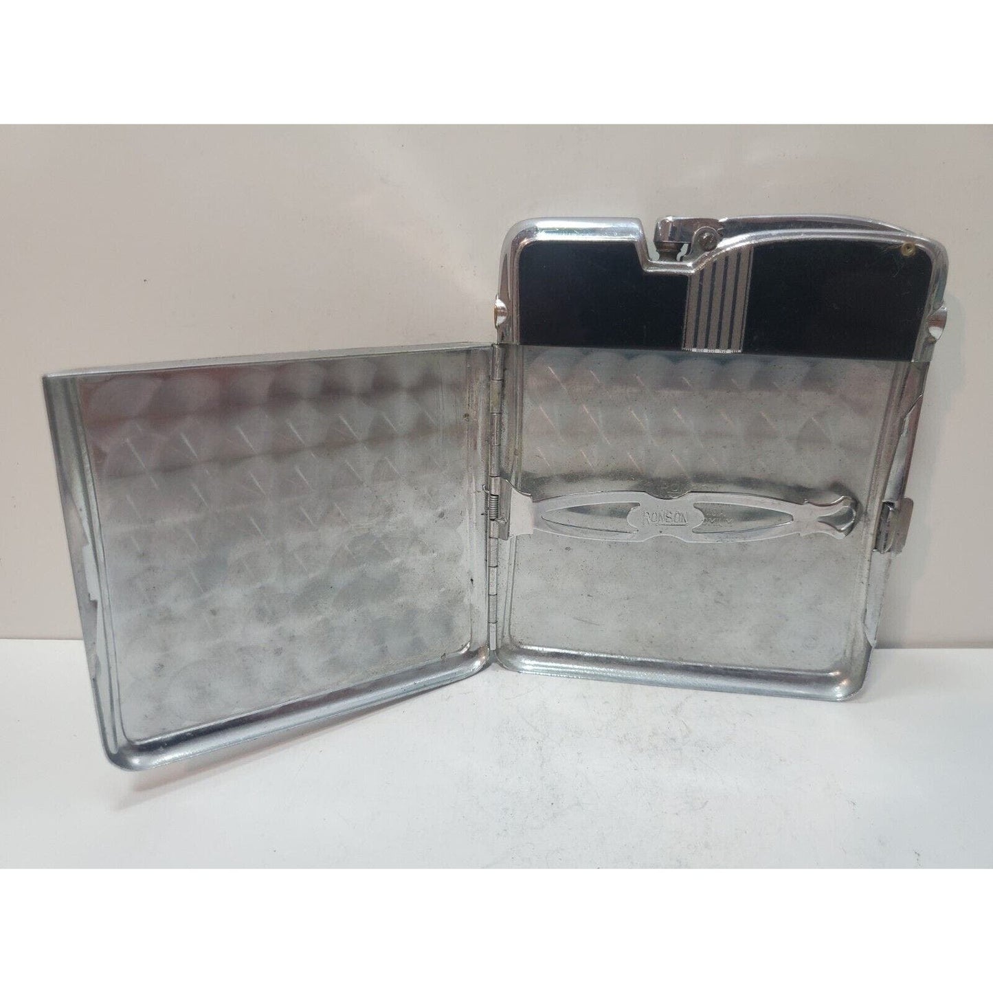 Working Ronson Art Deco Ten A Case Enamel Siler Tone Cigarette Case Lighter
