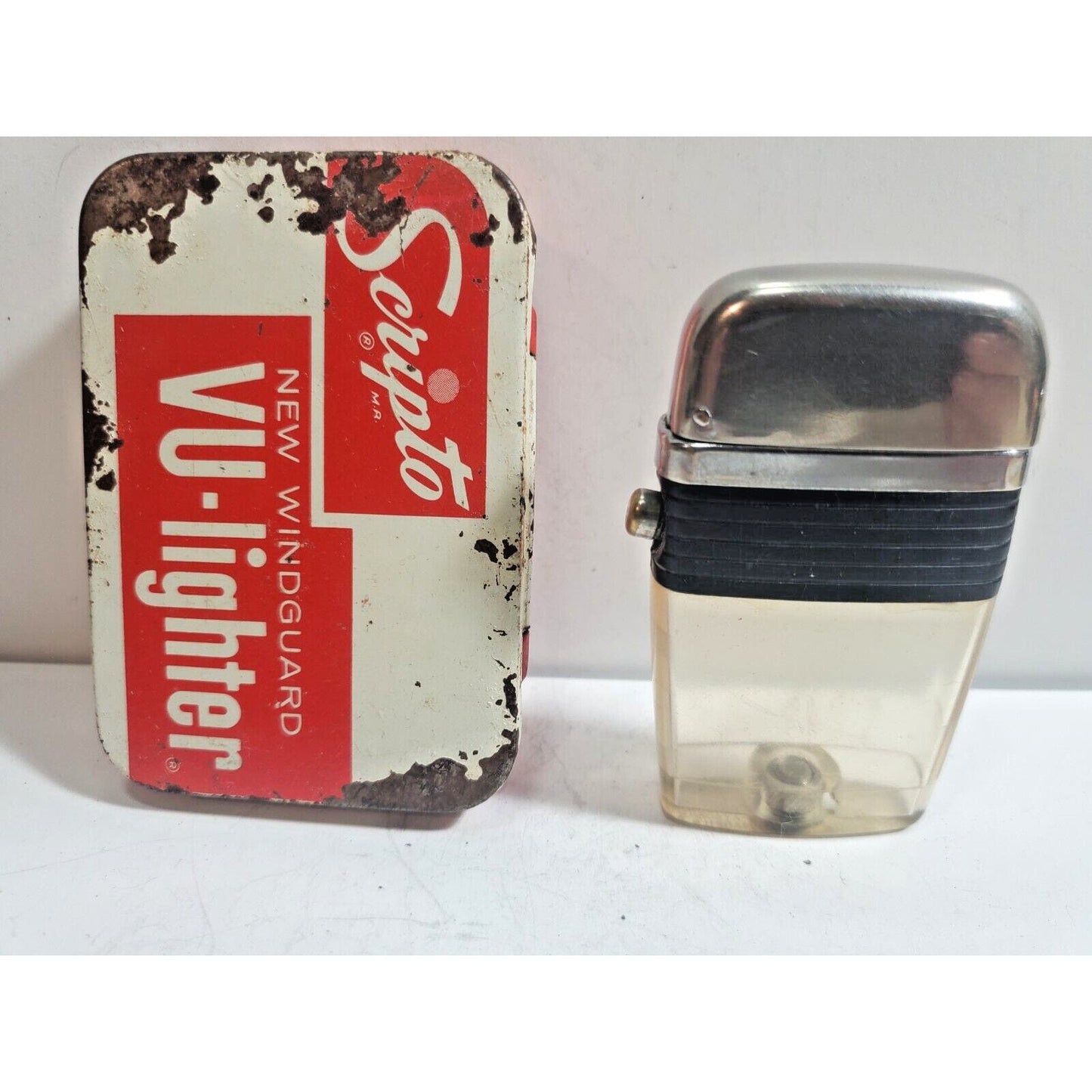 Vintage Working Scripto VU Lighter, Clear No Insert, Black, Orig Box 6055/24