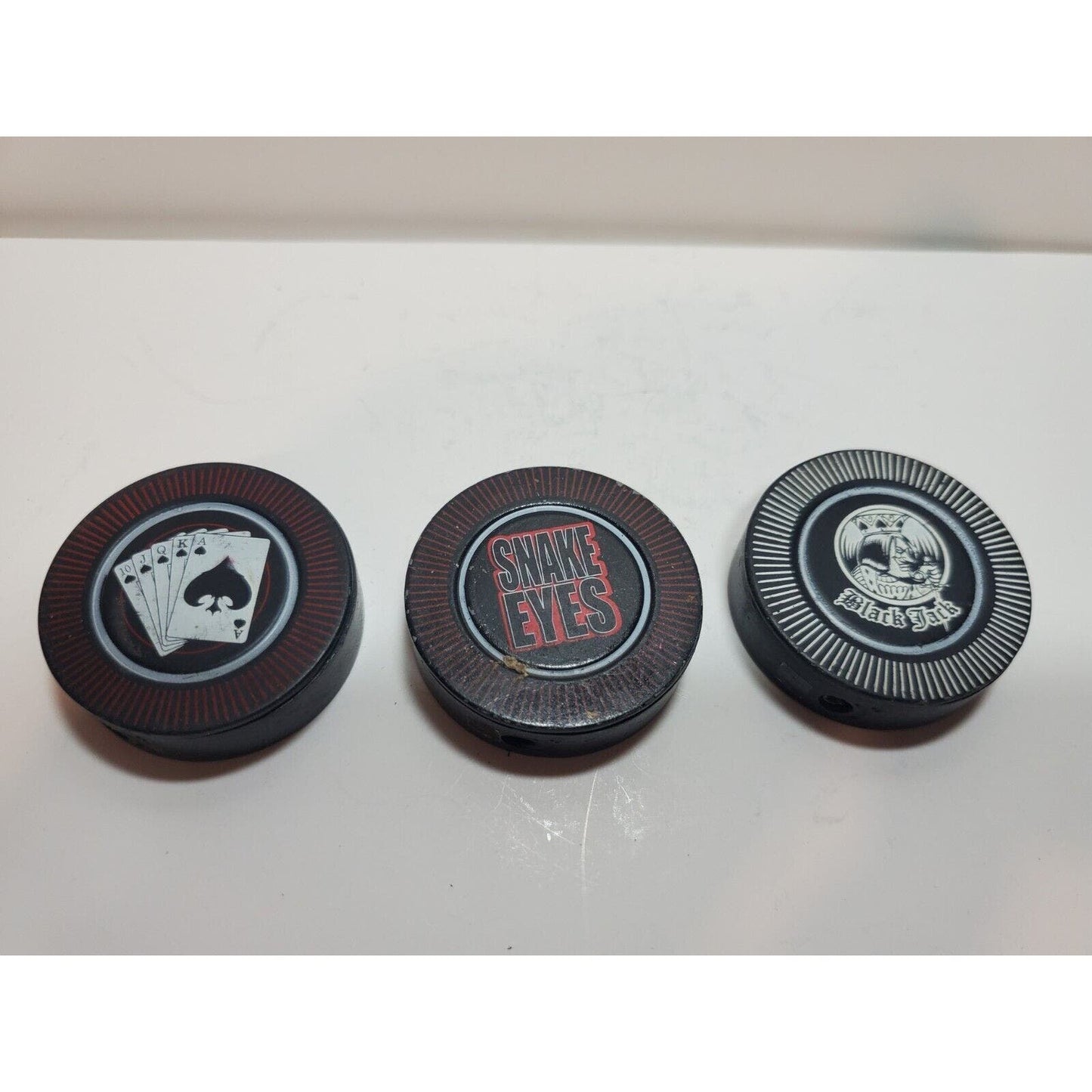 Lot Of 3 Casino Poker Chip Lighters, Black Jack, Snake Eyes, Royal Flash 5667/28