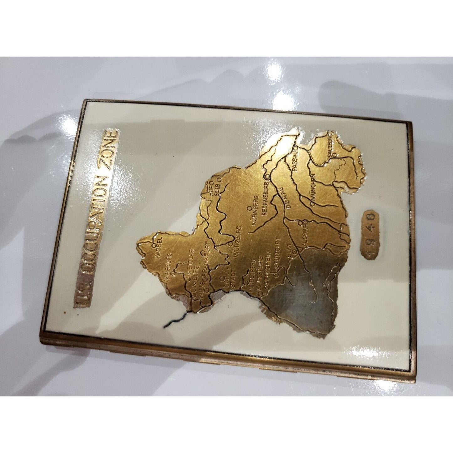 Vintage, Antique 1946 US OCCUPATION ZONE Map Enamel, Brass German Cigarette Case