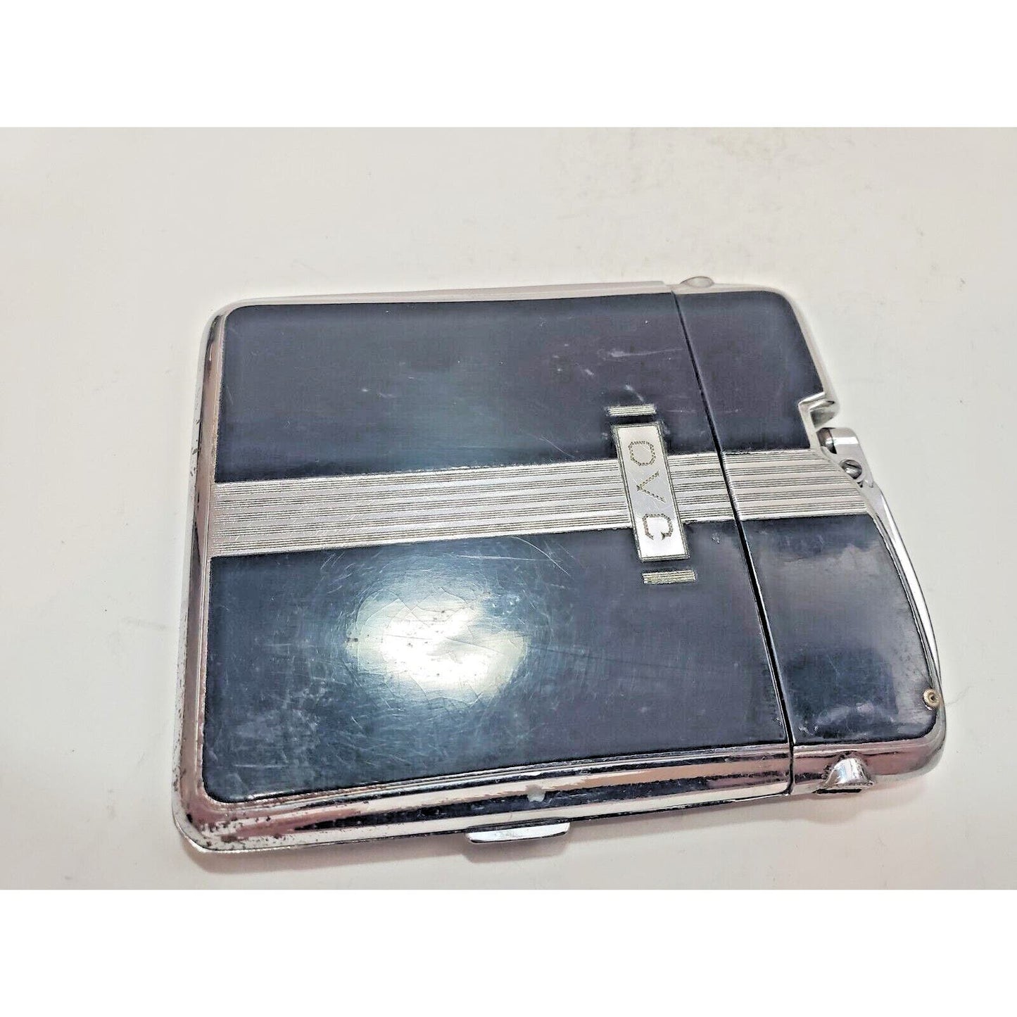 Working Ronson Art Deco Ten A Case Enamel Siler Tone Cigarette Case Lighter