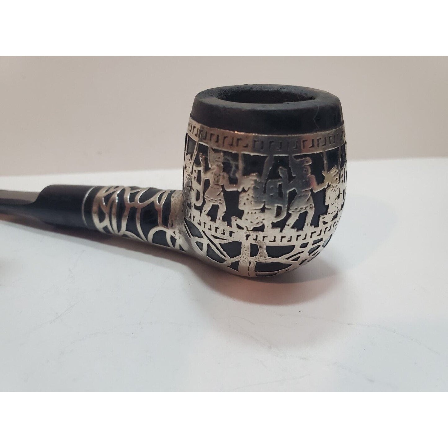Vintage Sterling Silver 925 Overlay Tobacco Pipe MEDICO, Aztec Warrior Themed